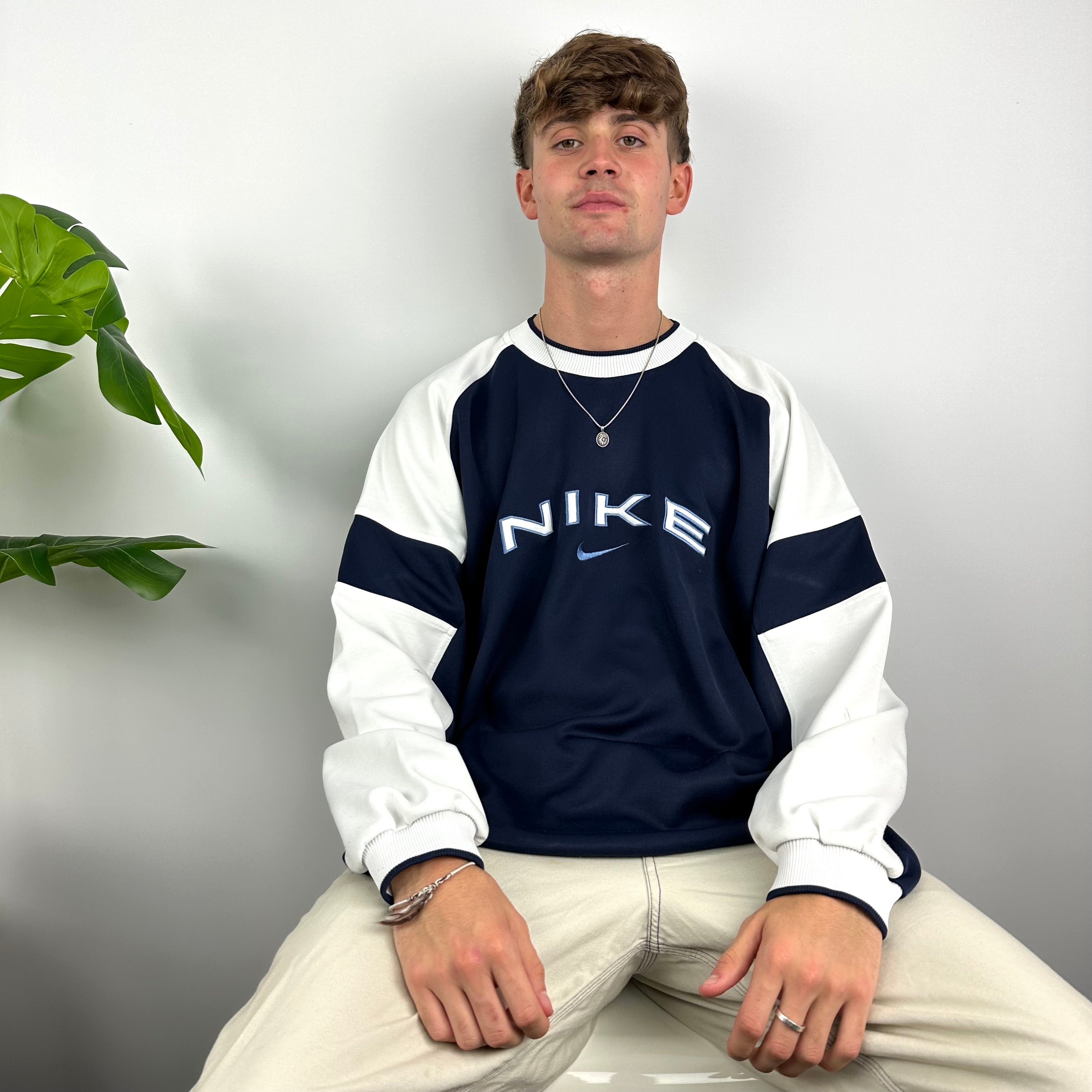 Nike RARE Navy Embroidered Spell Out Sweatshirt (XXL)