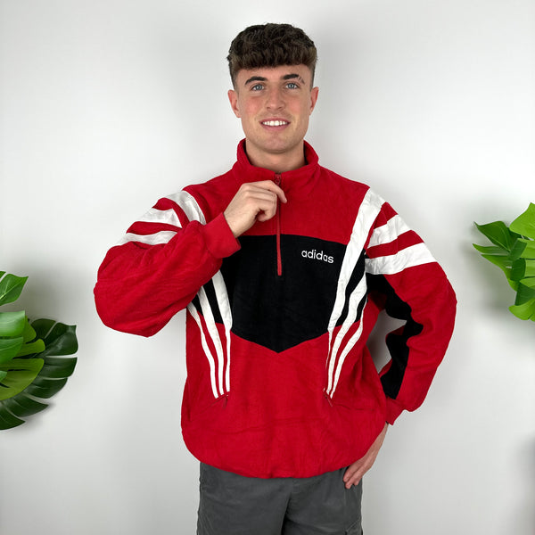 Adidas Colour Block Embroidered Spell Out Teddy Bear Fleece Quarter Zip Sweatshirt (XL)
