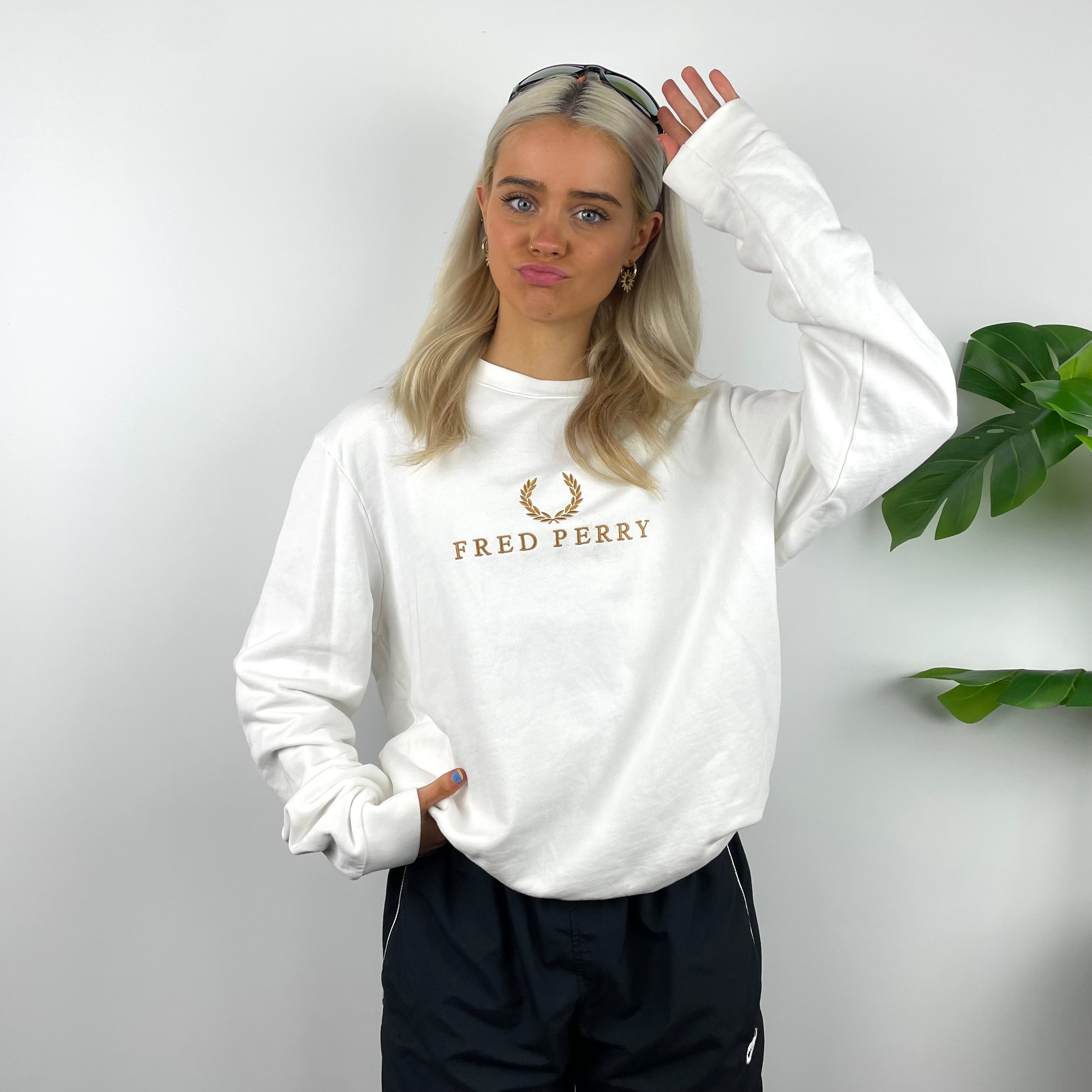 Fred Perry RARE White Embroidered Spell Out Sweatshirt (M)