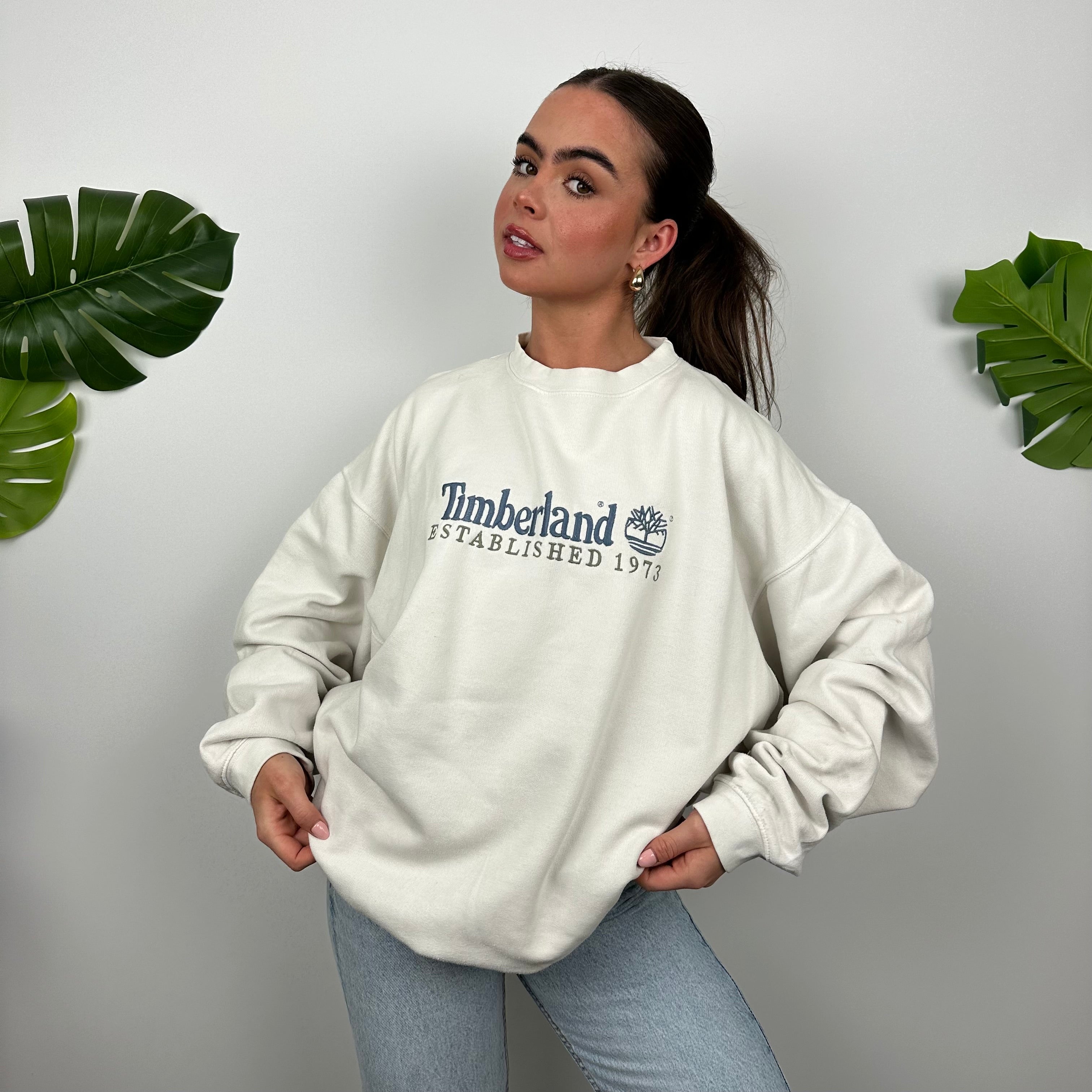 Timberland White Embroidered Spell Out Sweatshirt (M)