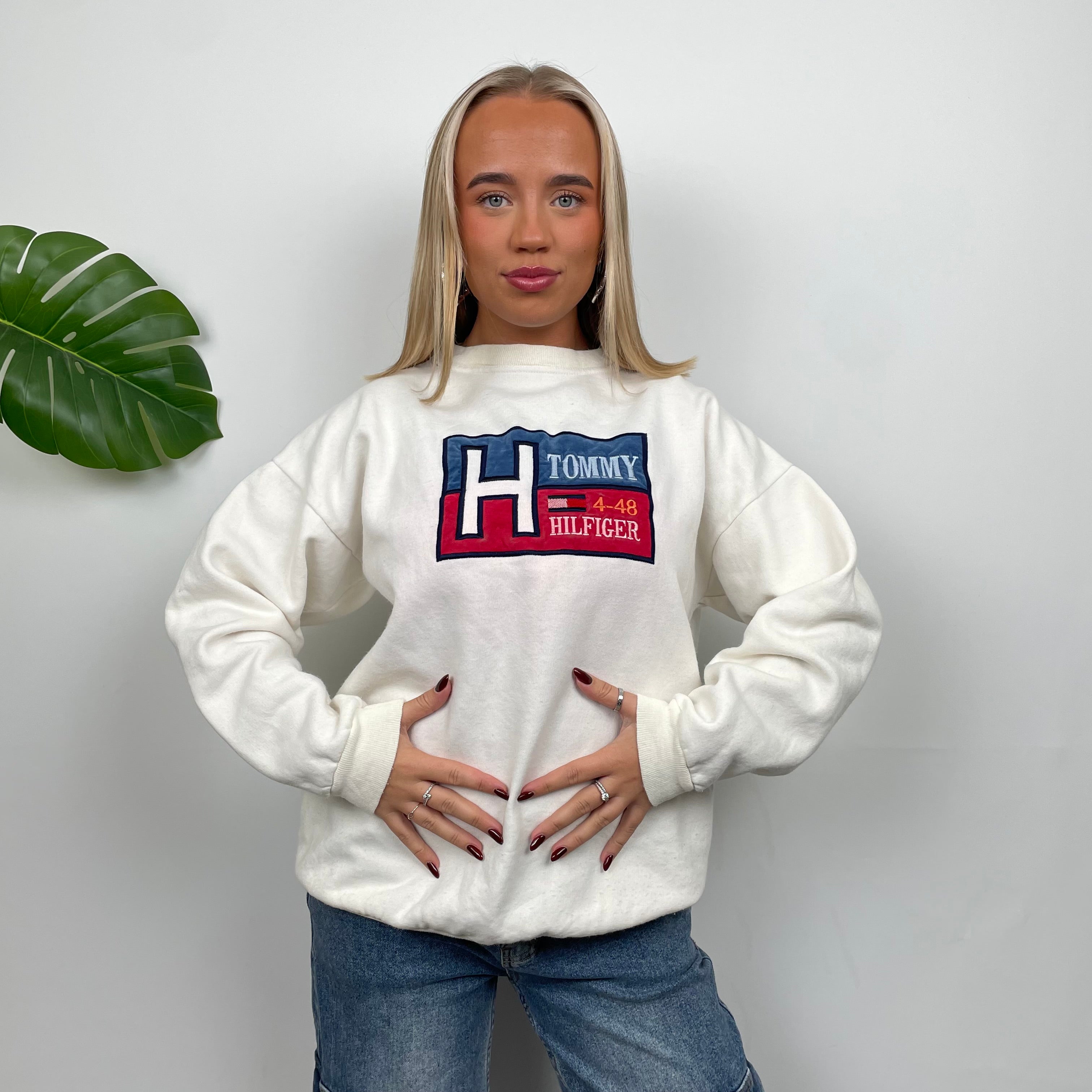 Tommy Hilfiger RARE Cream Embroidered Spell Out Sweatshirt