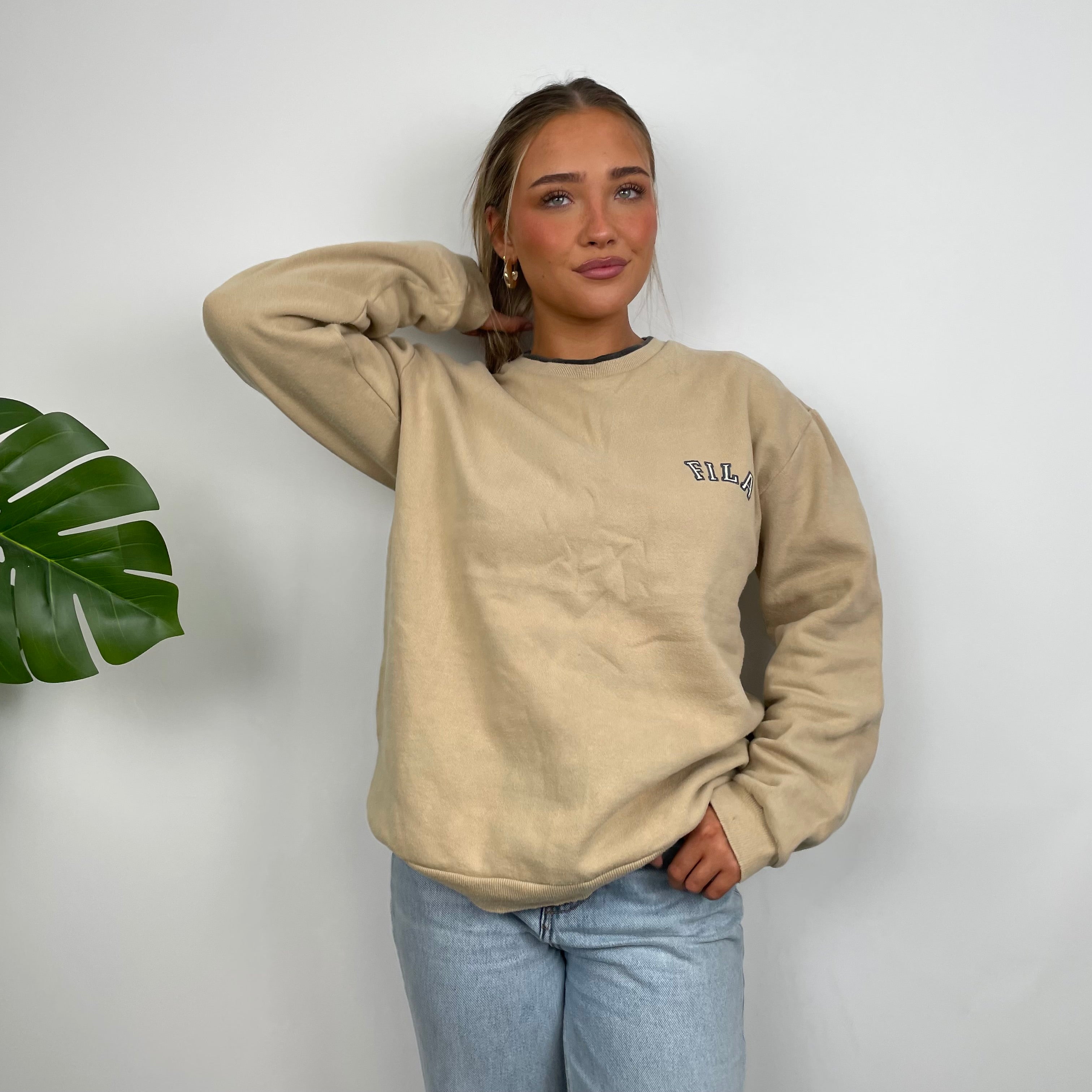 FILA Tan Brown Embroidered Spell Out Sweatshirt (L)