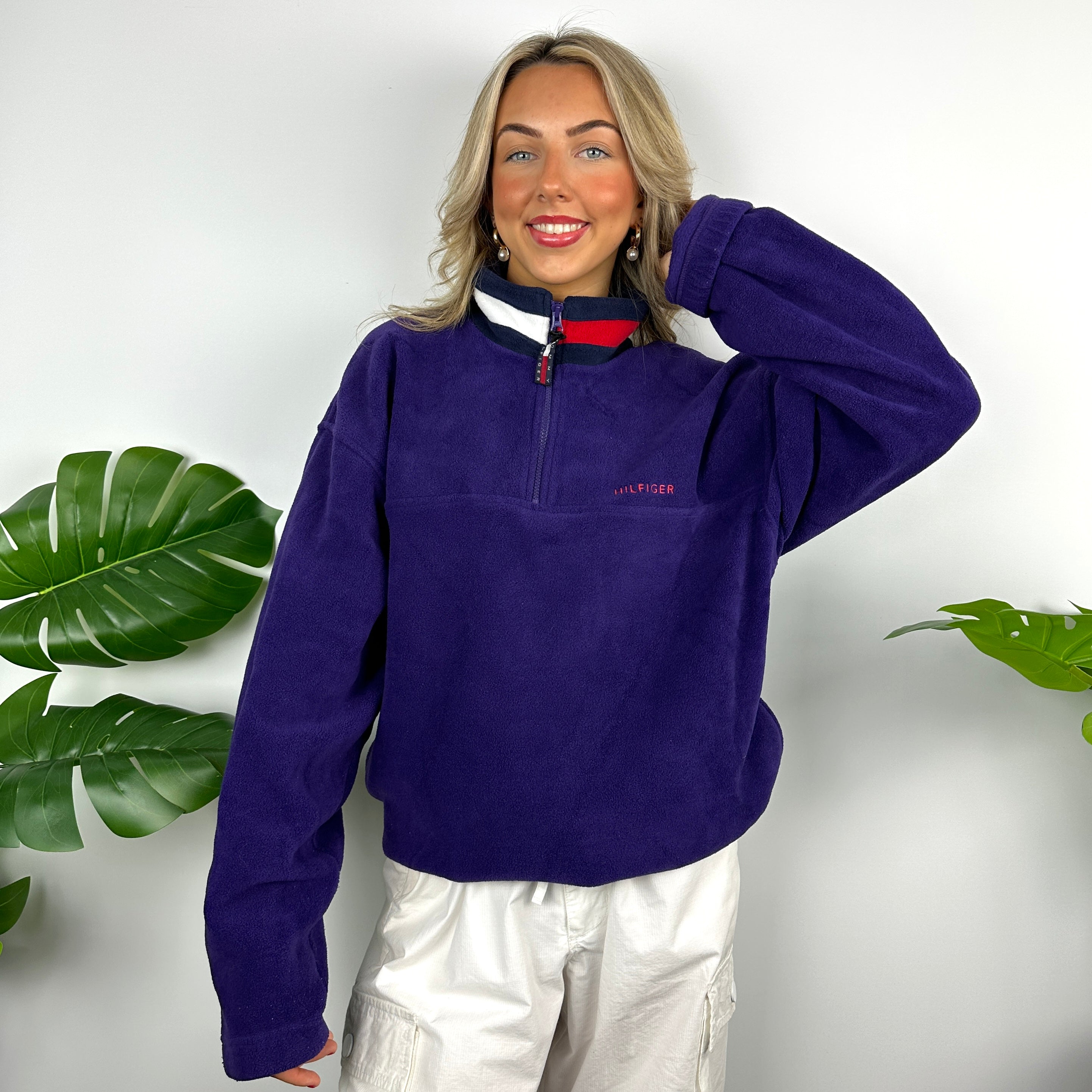 Tommy Hilfiger Purple Embroidered Spell Out Teddy Bear Fleece Quarter Zip Sweatshirt (L)