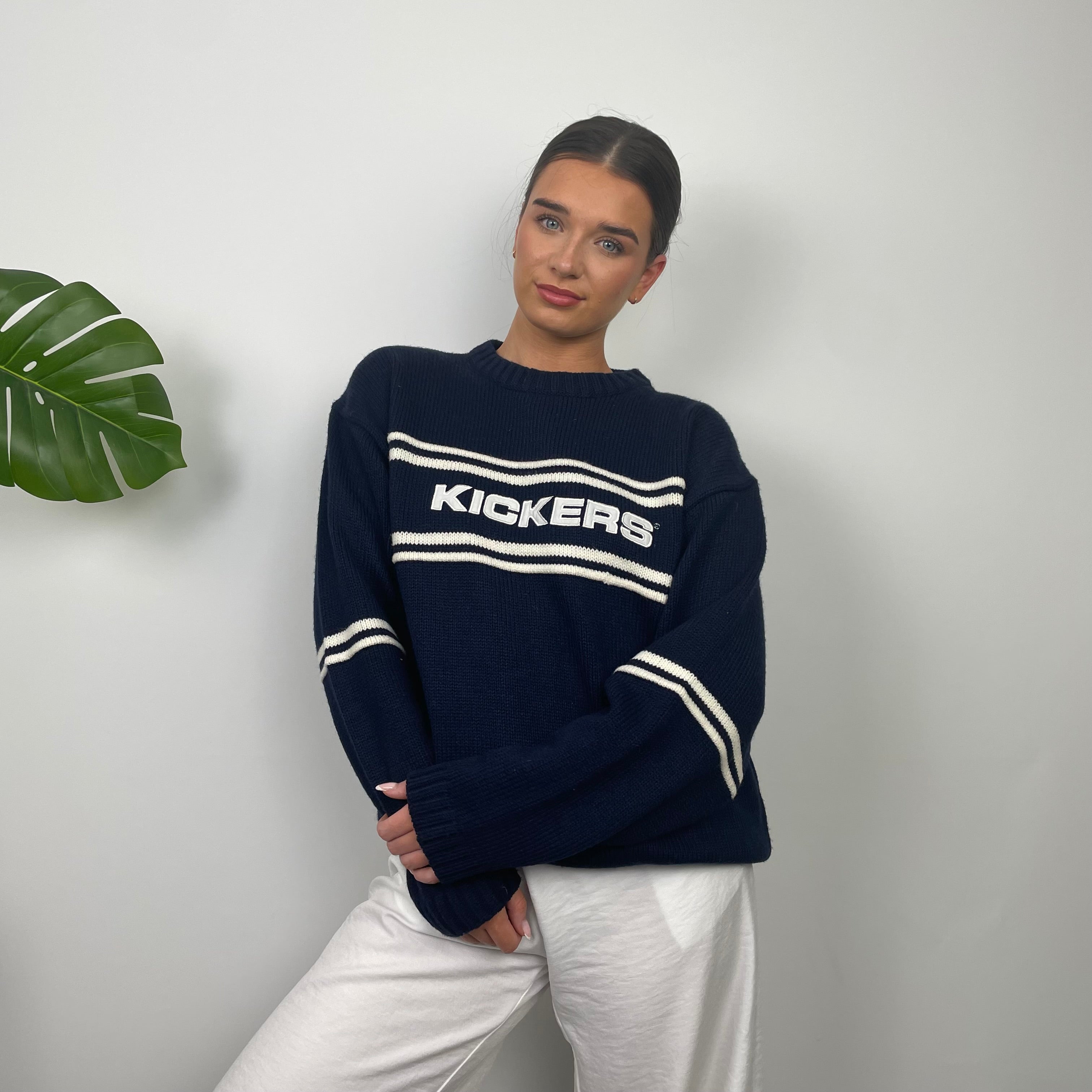 Kickers RARE Navy & Cream Embroidered Spell Out Knitted Sweater (L)