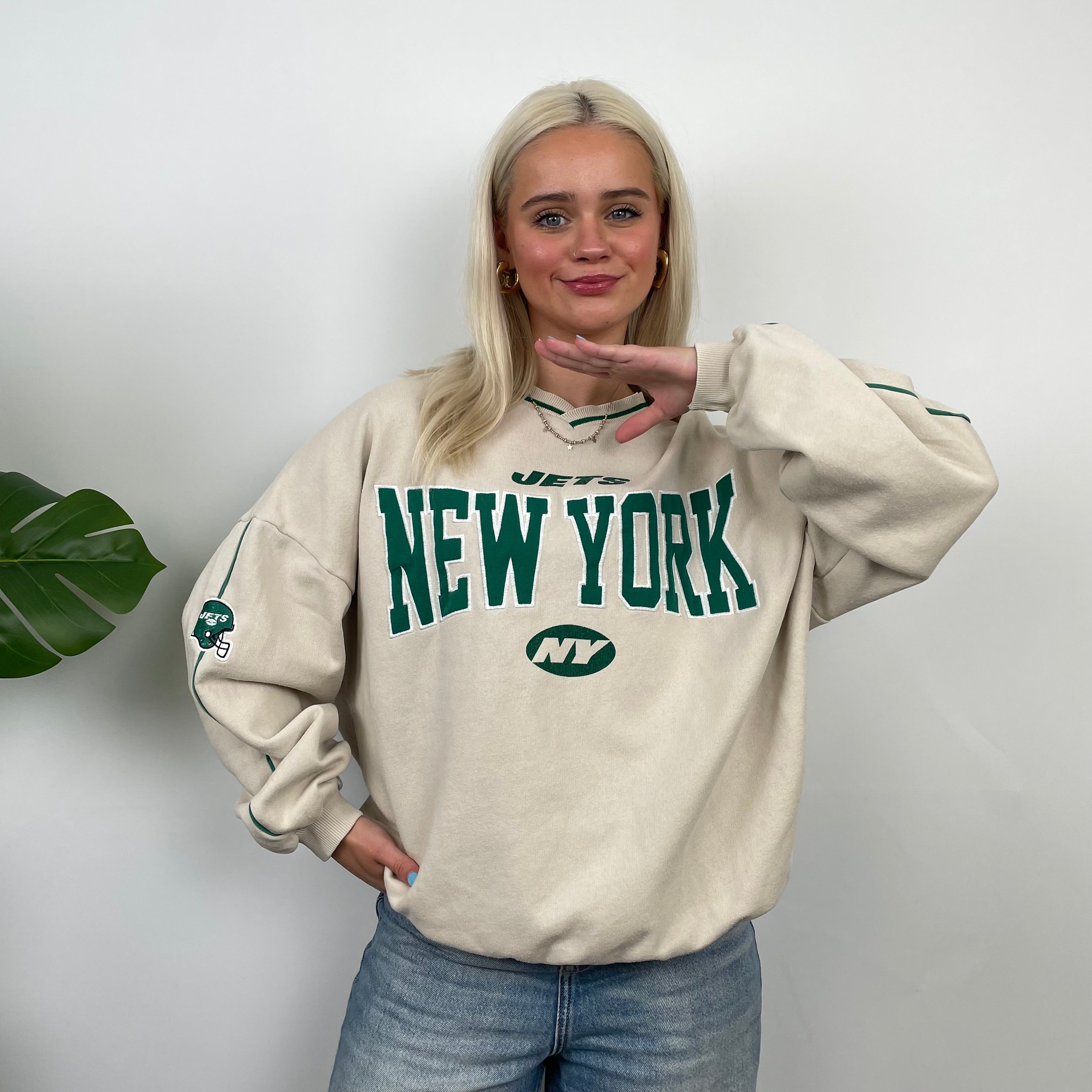 New York Jets Cream Embroidered Spell Out Sweatshirt (S)