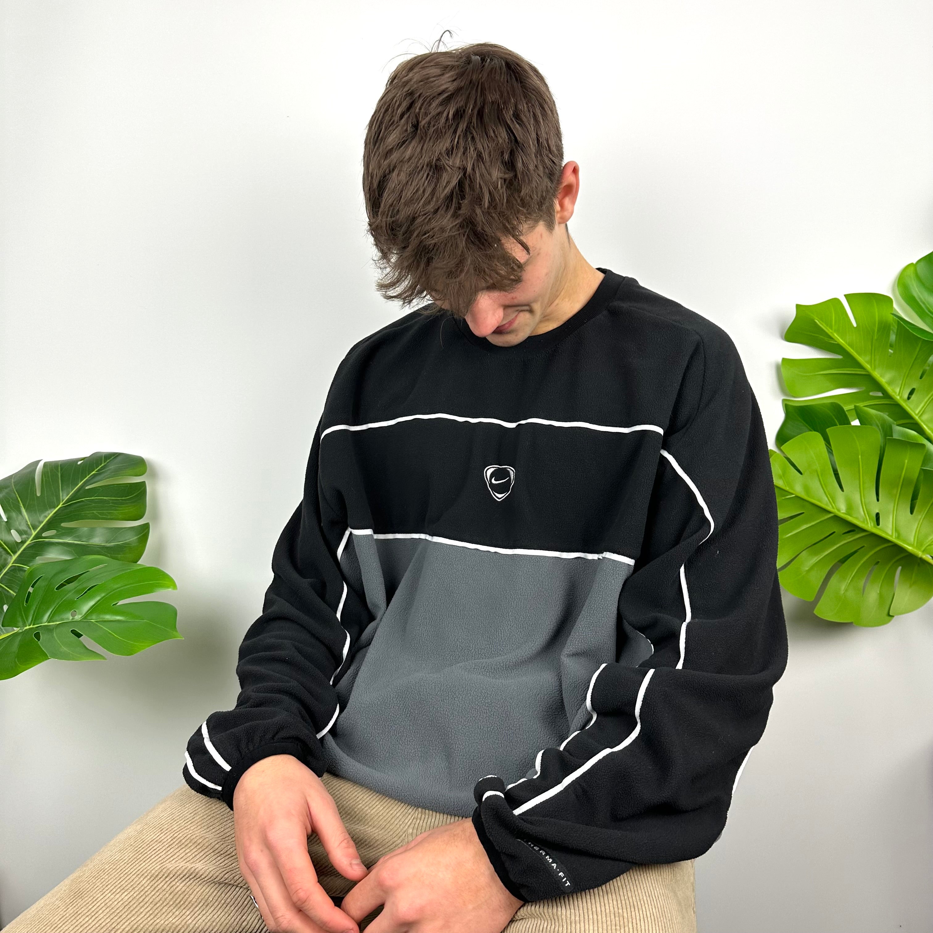 Nike Black & Grey Embroidered Centre Swoosh Teddy Bear Fleece Sweatshirt (XXL)