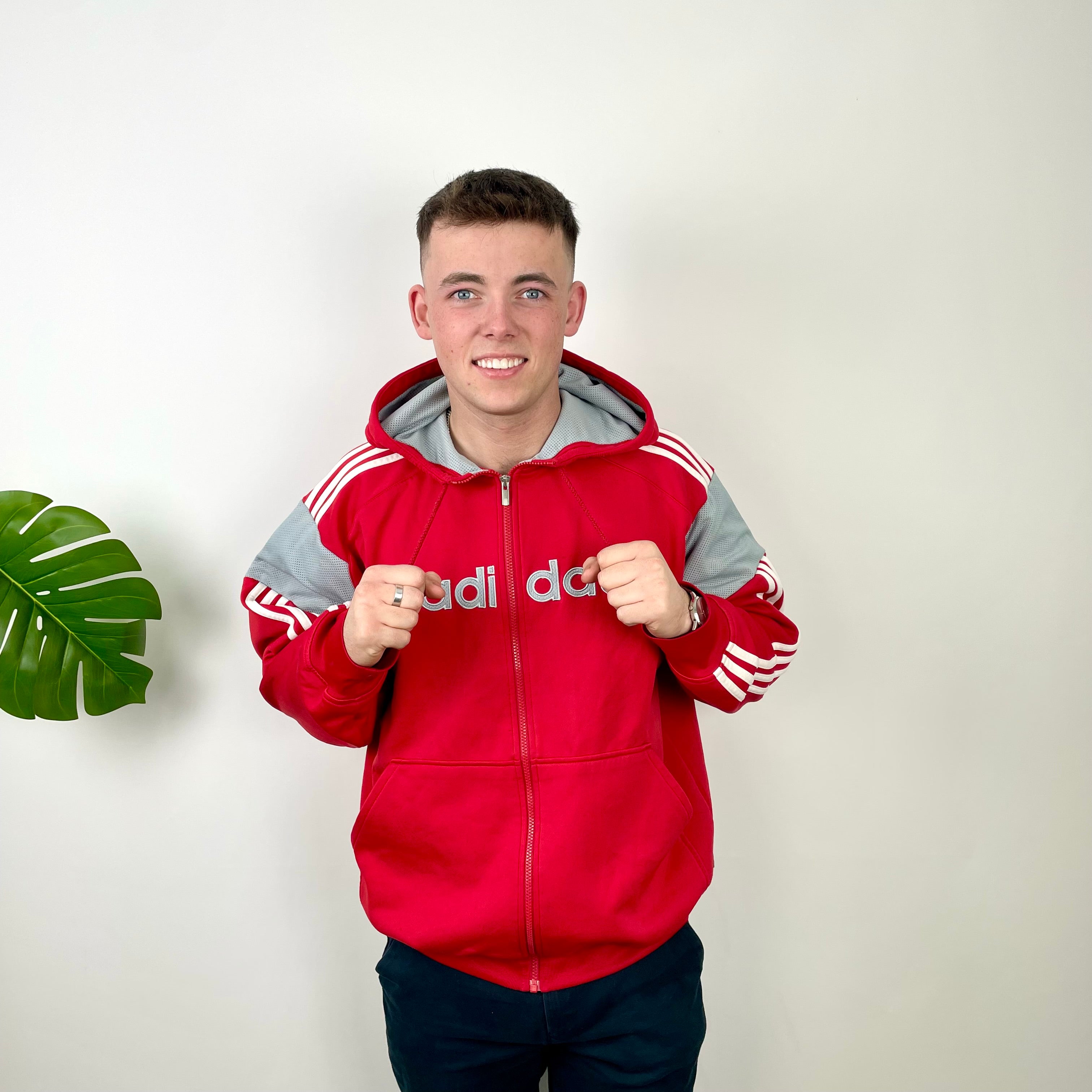 Adidas Red  Embroidered Spell Out Zip Up Hoodie Jacket (L)
