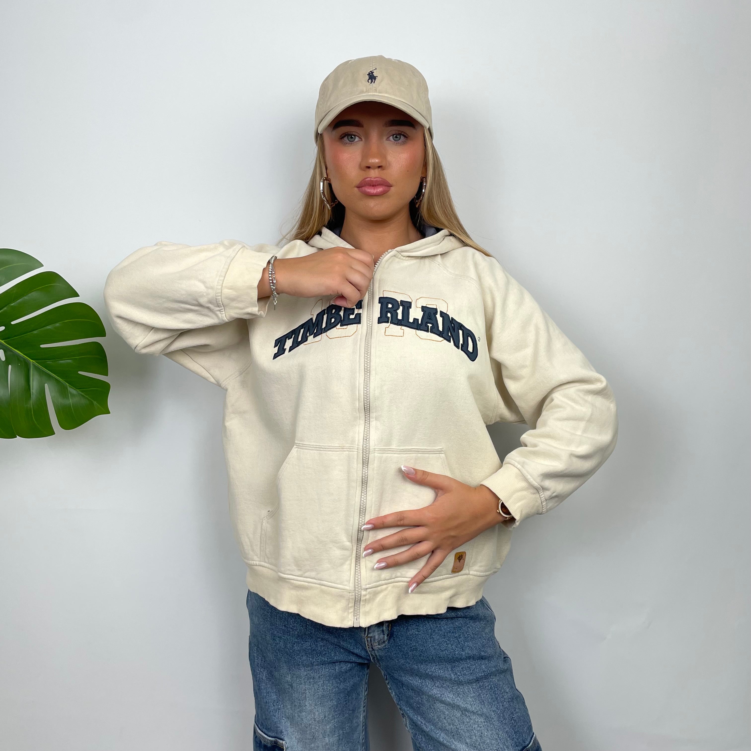 Timberland Cream Embroidered Spell Out Zip Up Sweatshirt (S)