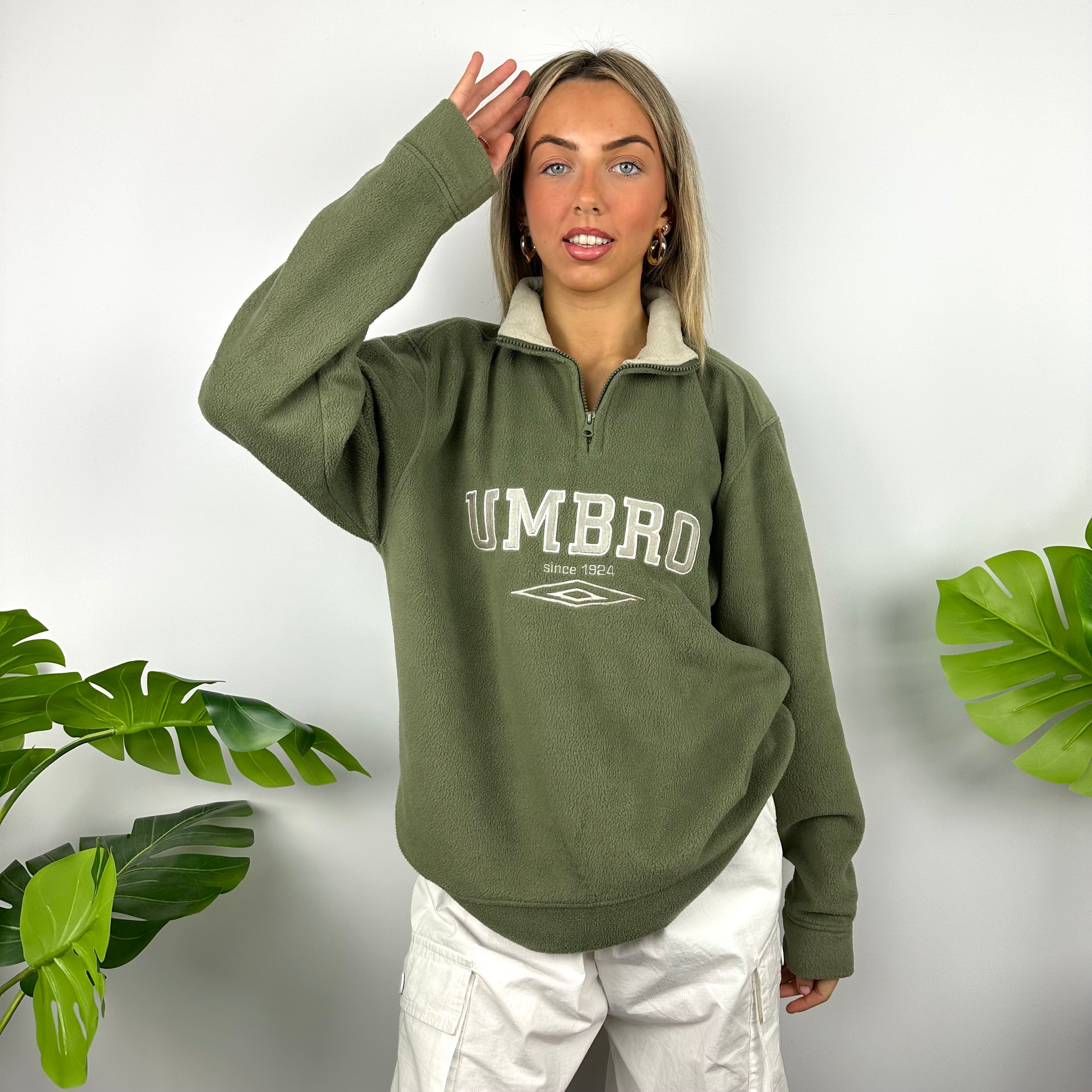 Umbro Green Embroidered Spell Out Teddy Bear Fleece Quarter Zip Sweatshirt (M)