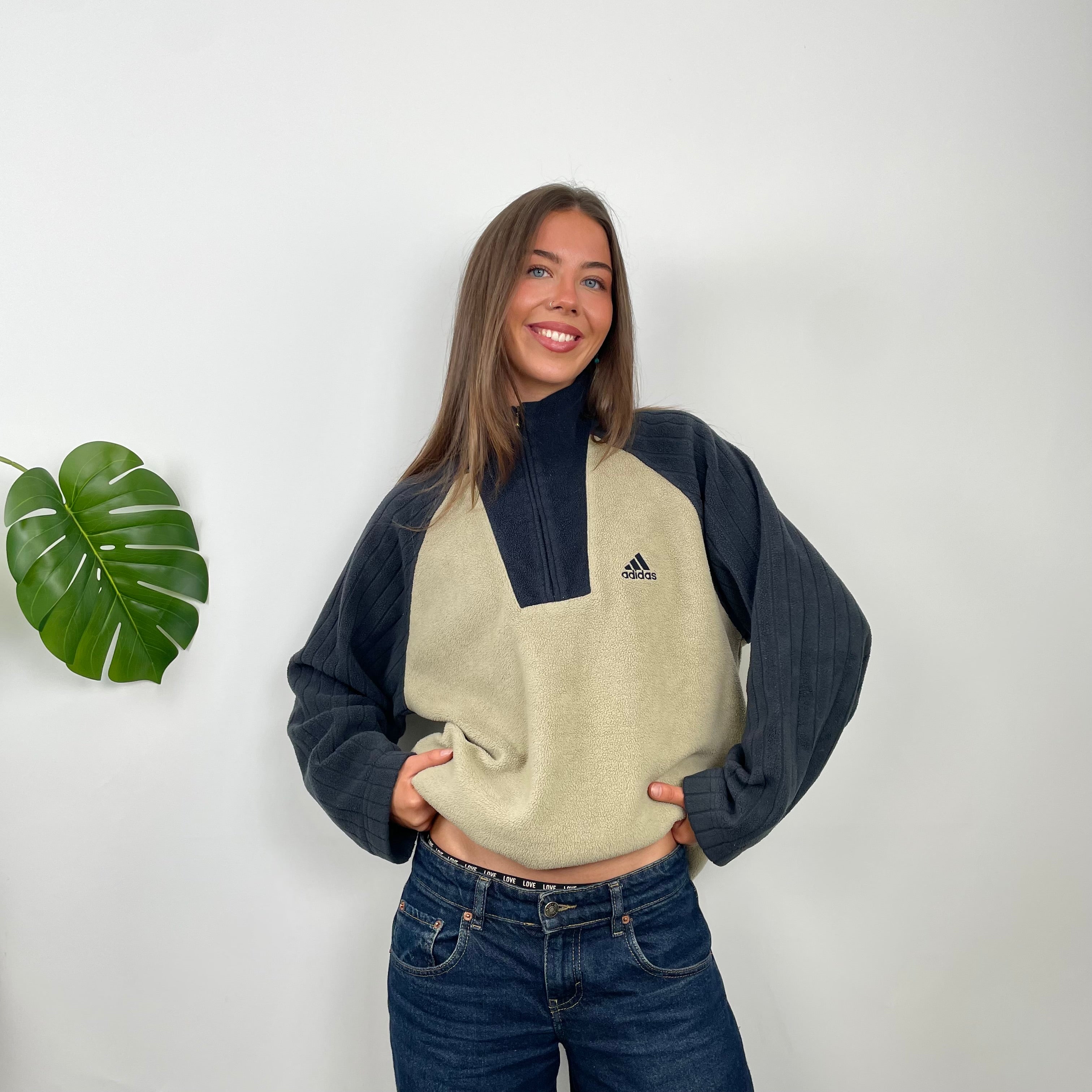 Adidas RARE Cream Embroidered Spell Out Teddy Bear Fleece Quarter Zip Sweatshirt (L)
