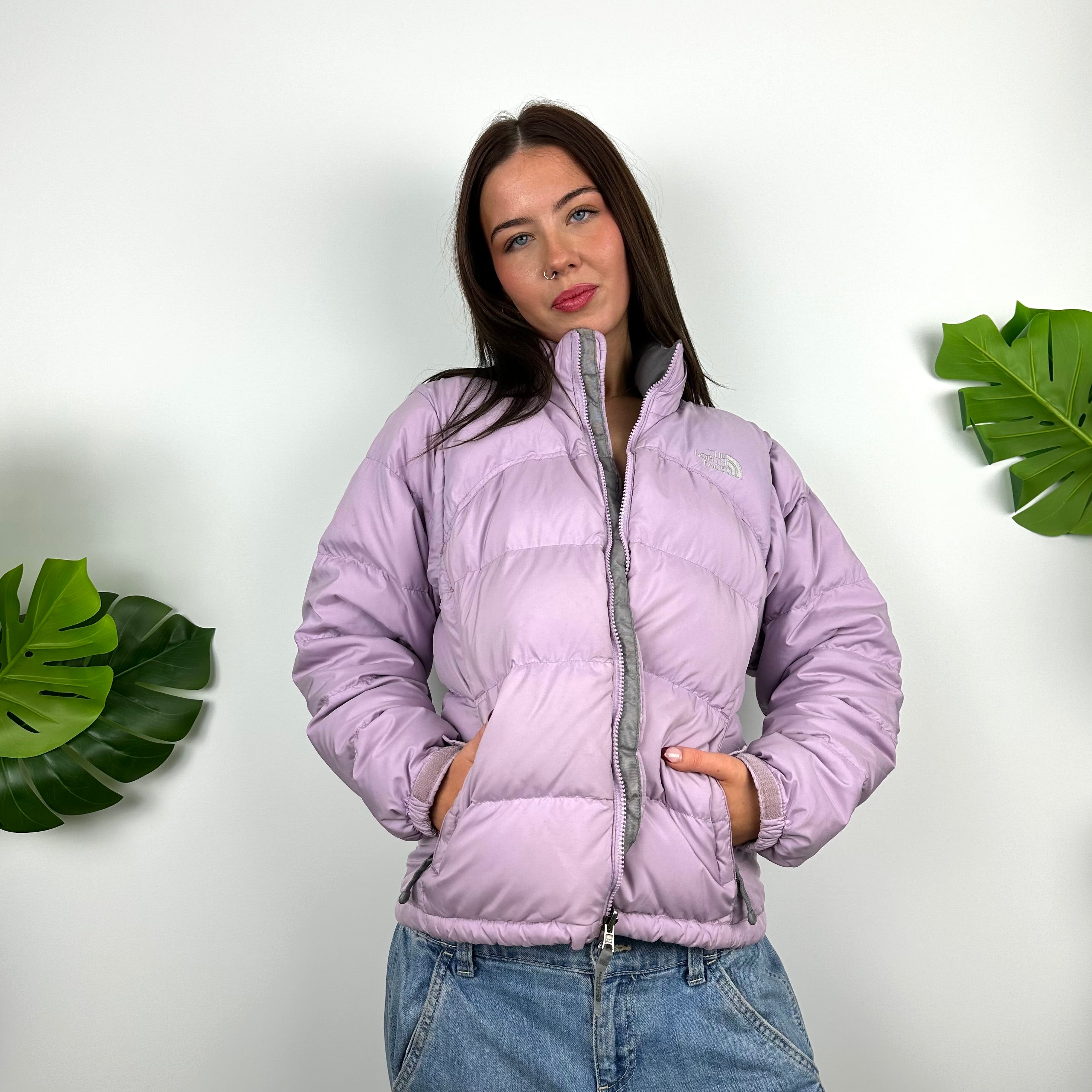 The North Face Parma Violet Embroidered Spell Out Puffer Jacket (S)