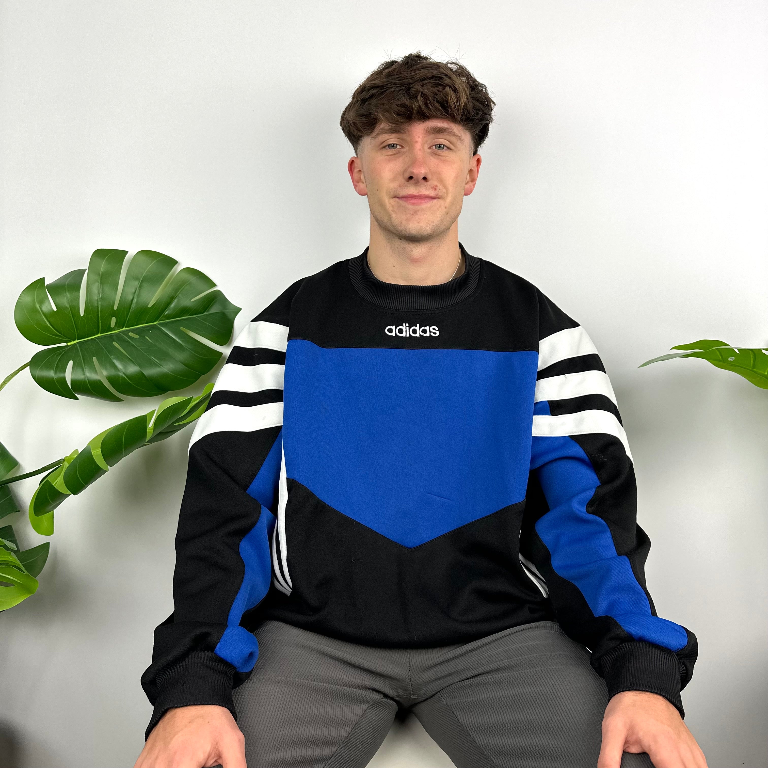 Adidas Black & Blue Embroidered Spell Out Colour Block Sweatshirt (L)