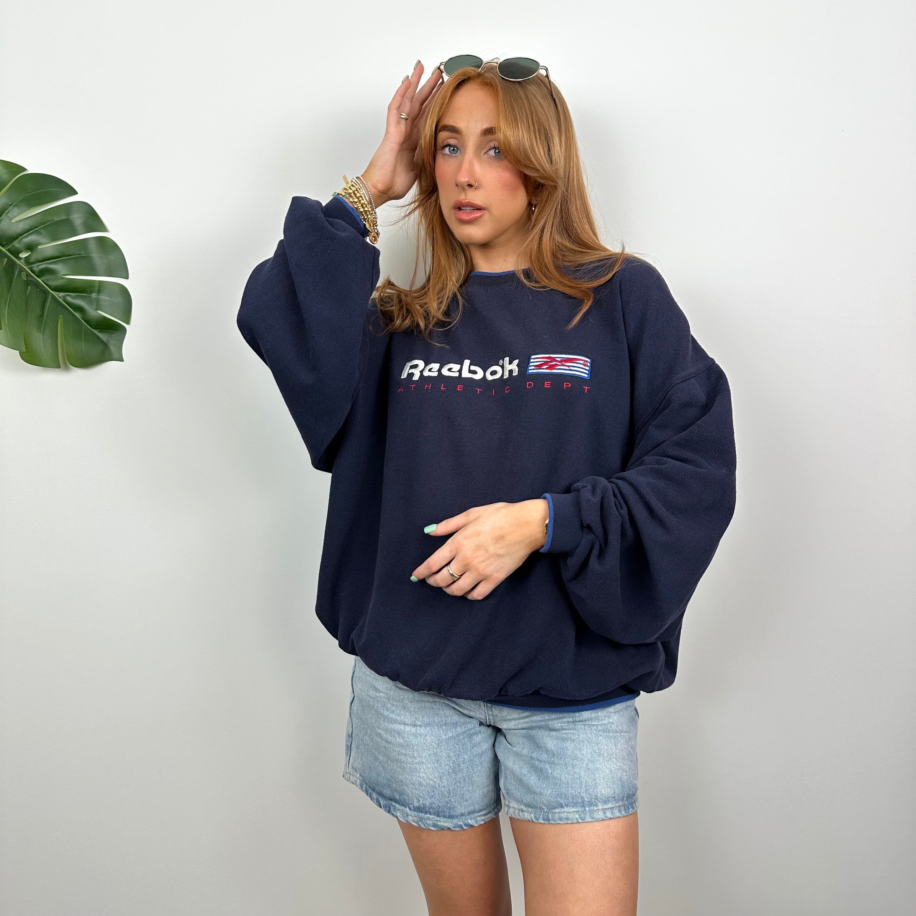 Reebok RARE Navy Embroidered Spell Out Sweatshirt (L)