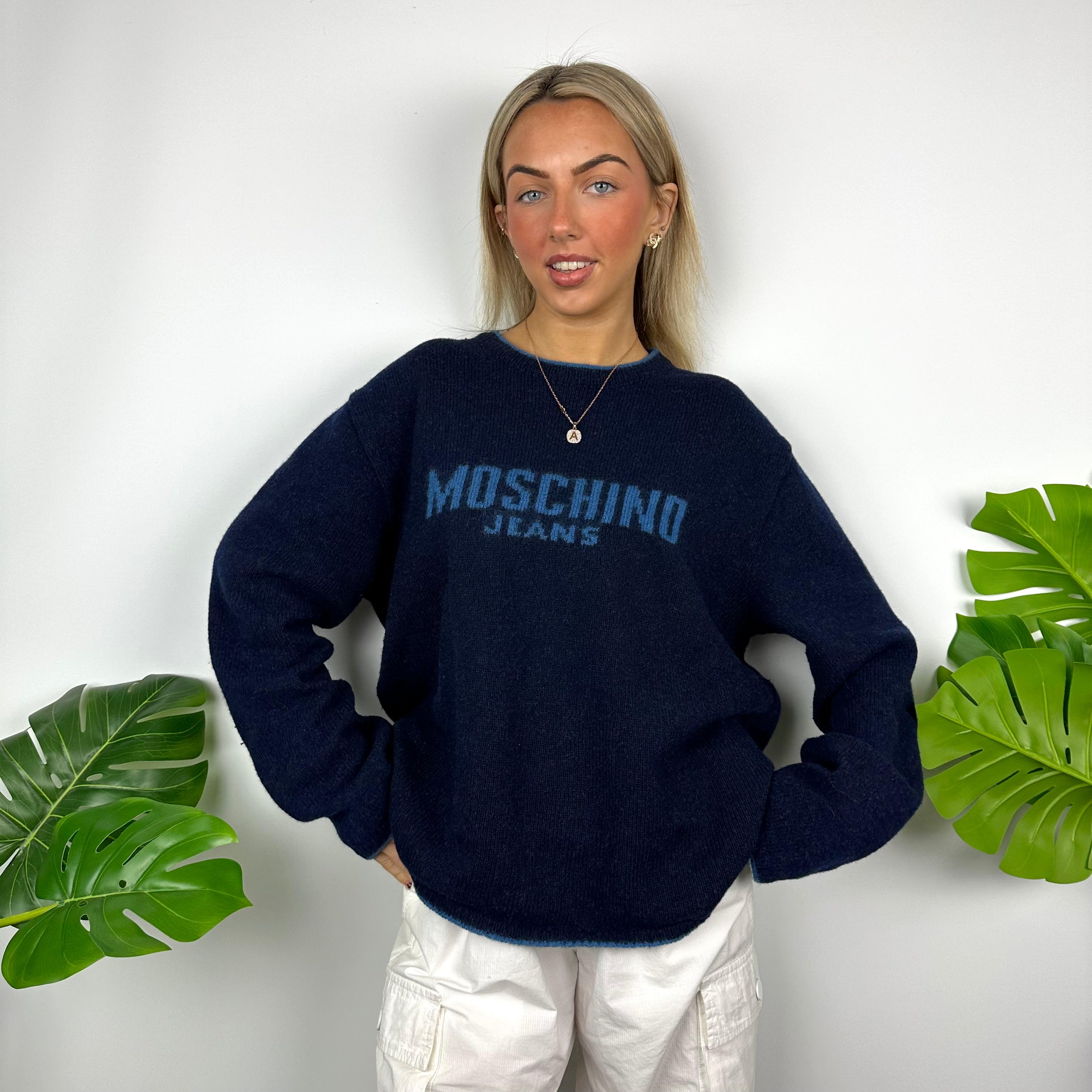 Moschino Jeans Navy Spell Out Knitted Jumper (M)