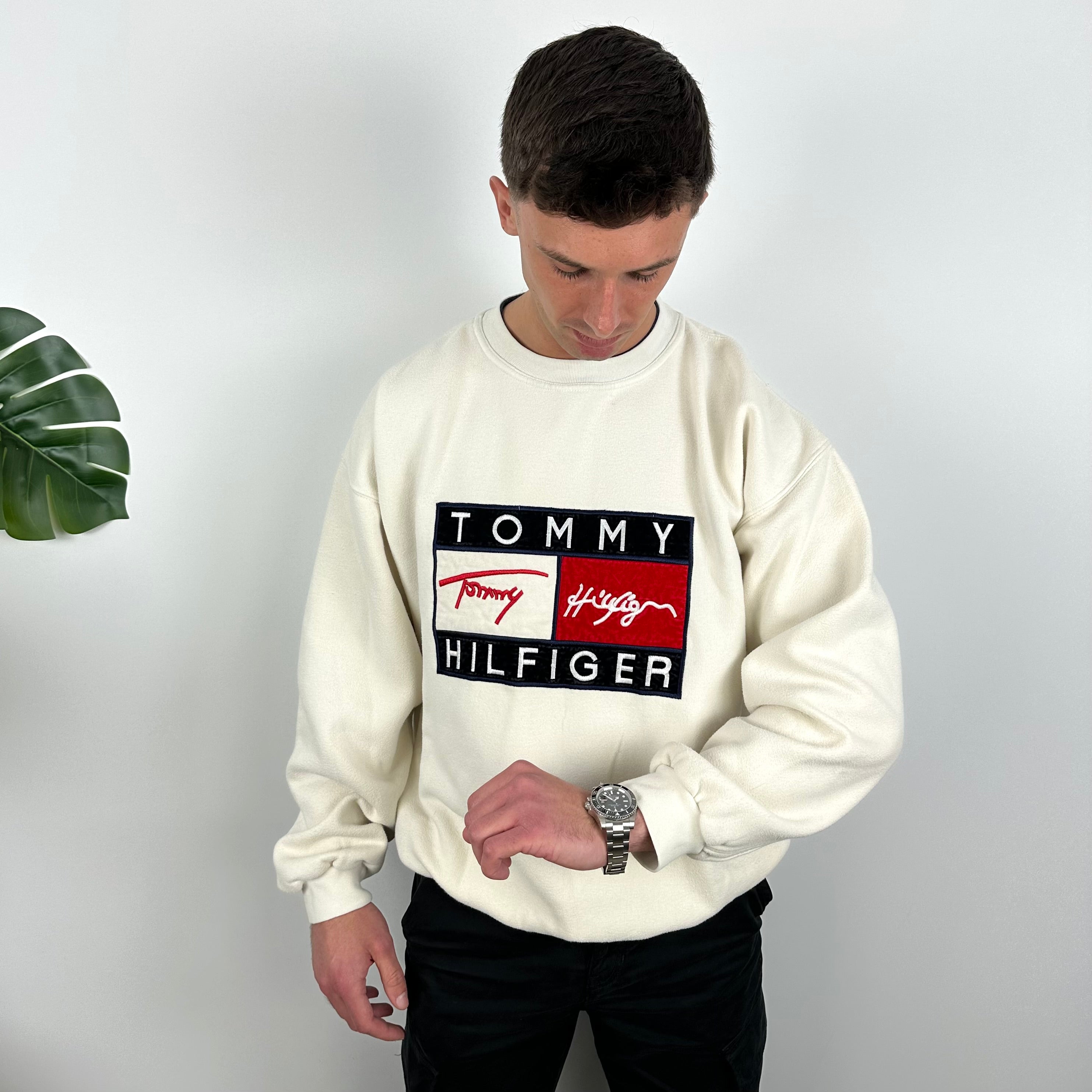 Tommy Hilfiger RARE Cream Embroidered Spell Out Sweatshirt (L)