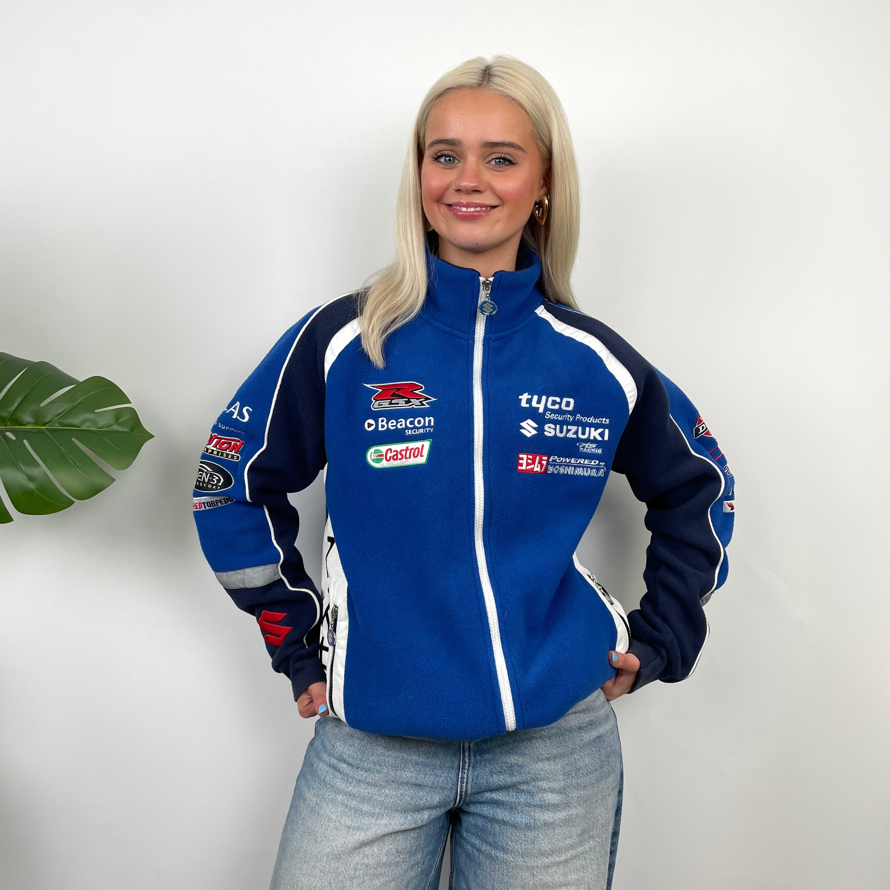 Suzuki Racing Blue Embroidered Spell Out Zip Up Jacket (M)