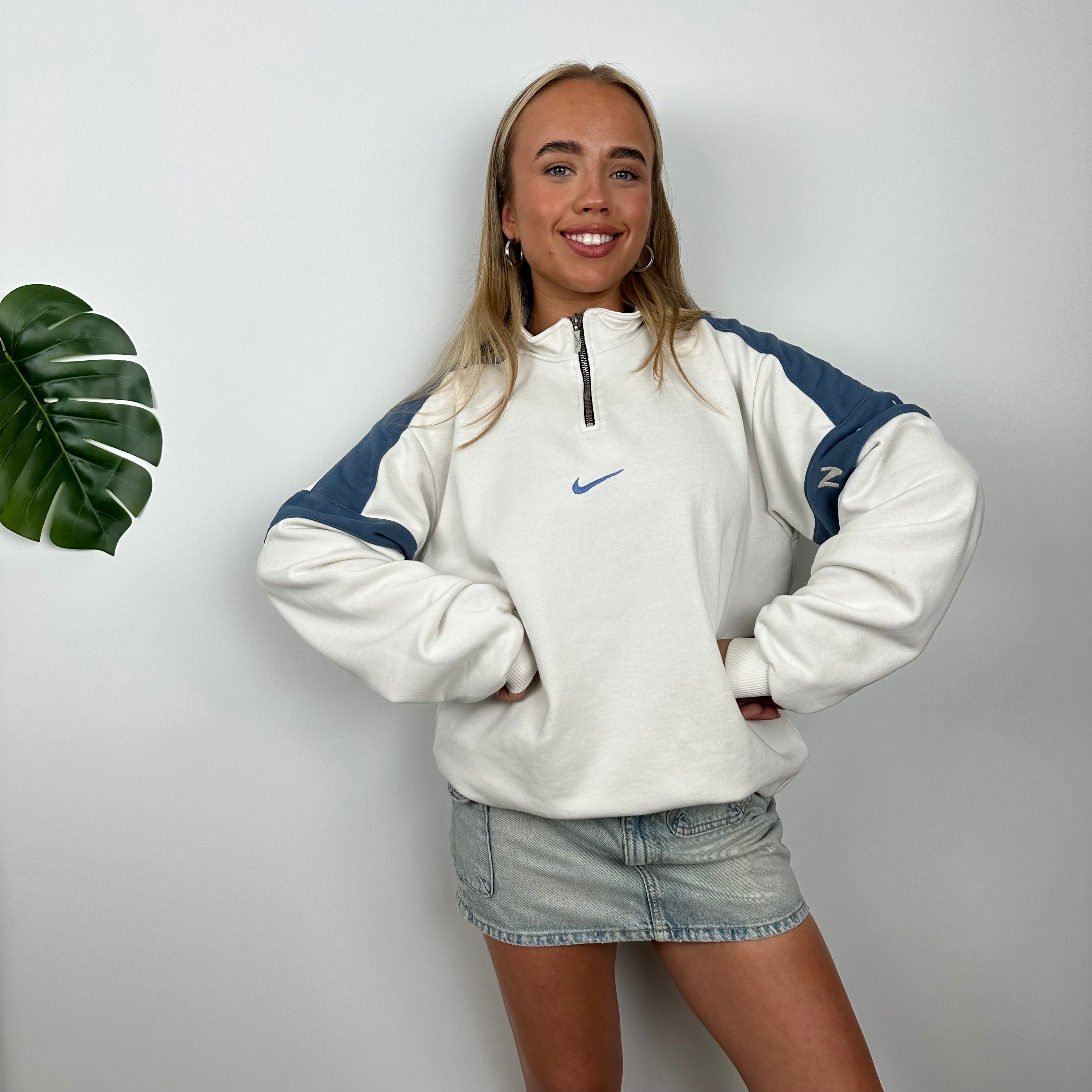 Nike White & Blue Embroidered Swoosh Quarter Zip Sweatshirt (L)