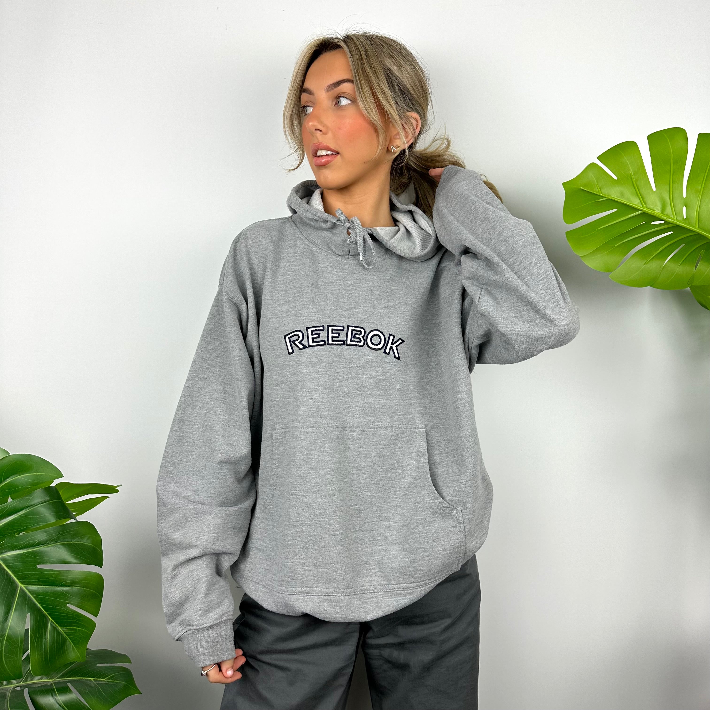 Reebok Grey Embroidered Spell Out Hoodie (L)