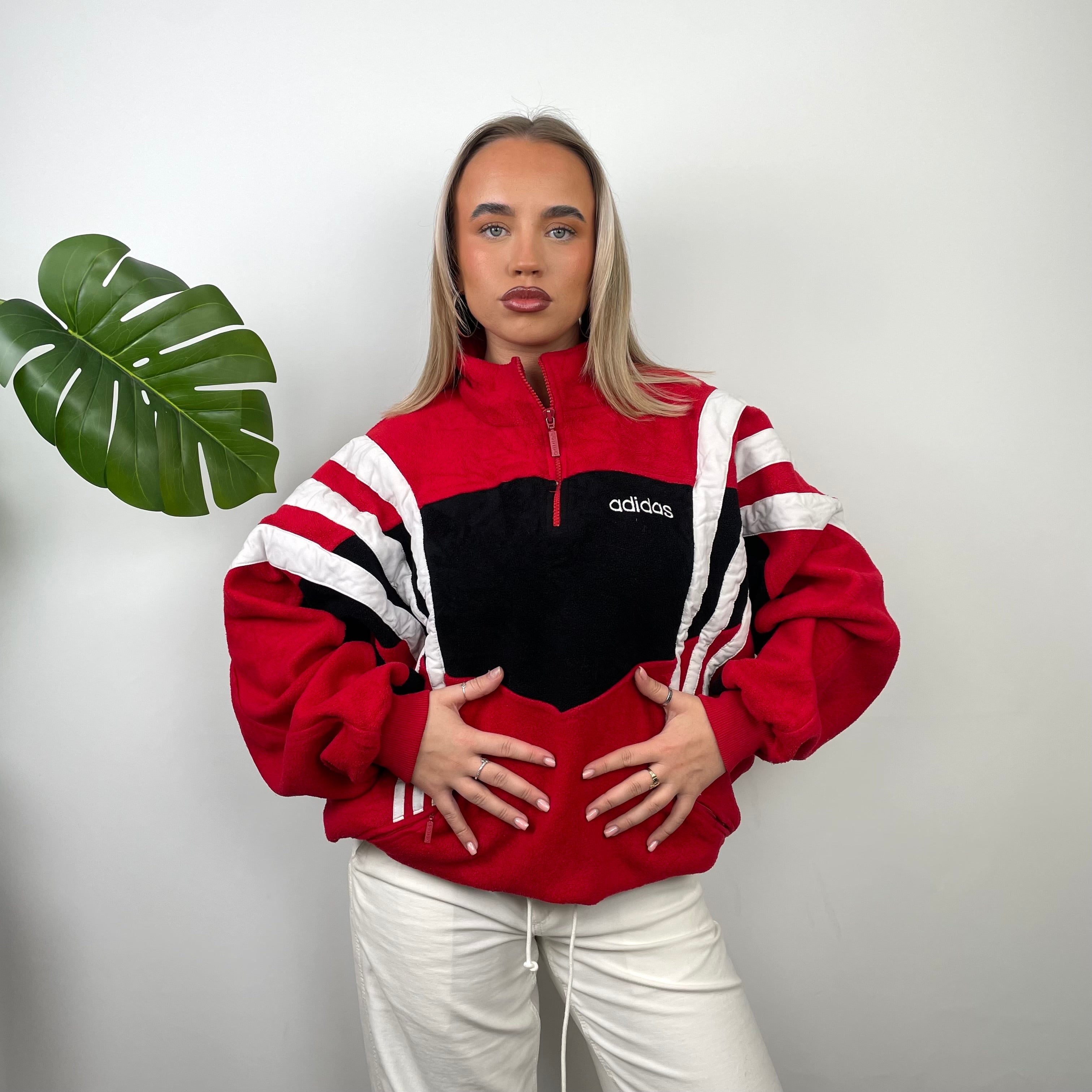 Adidas Red Colour Block Embroidered Spell Out Teddy Bear Fleece Quarter Zip Sweatshirt (L)