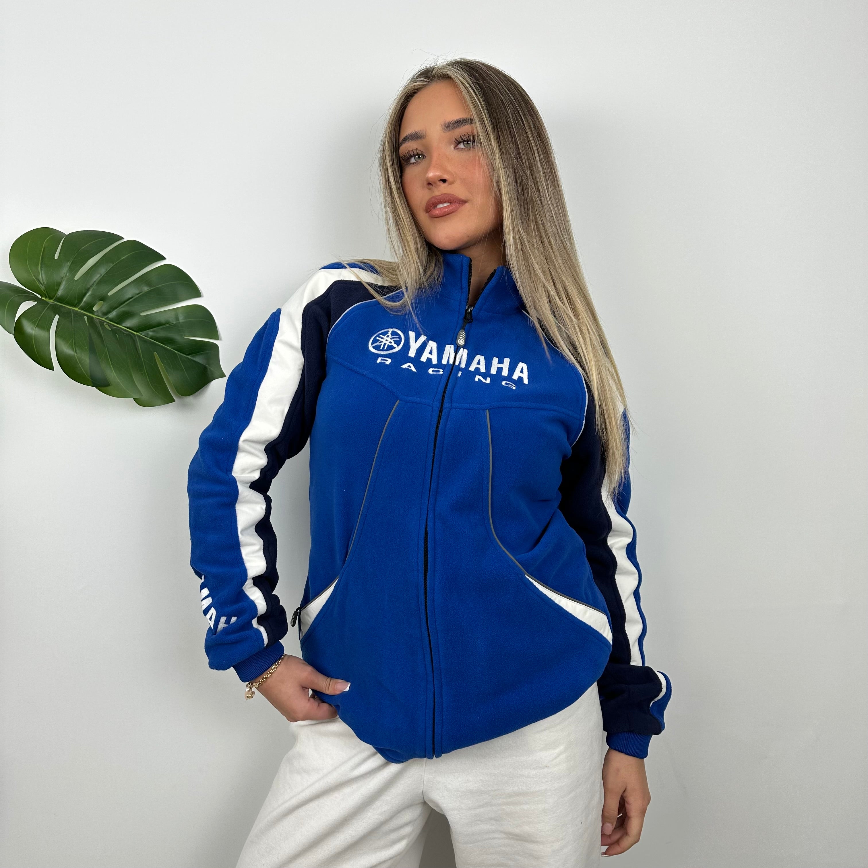 Yamaha Racing Team Blue Embroidered Spell Out Zip Up Hoodie Jacket (M)