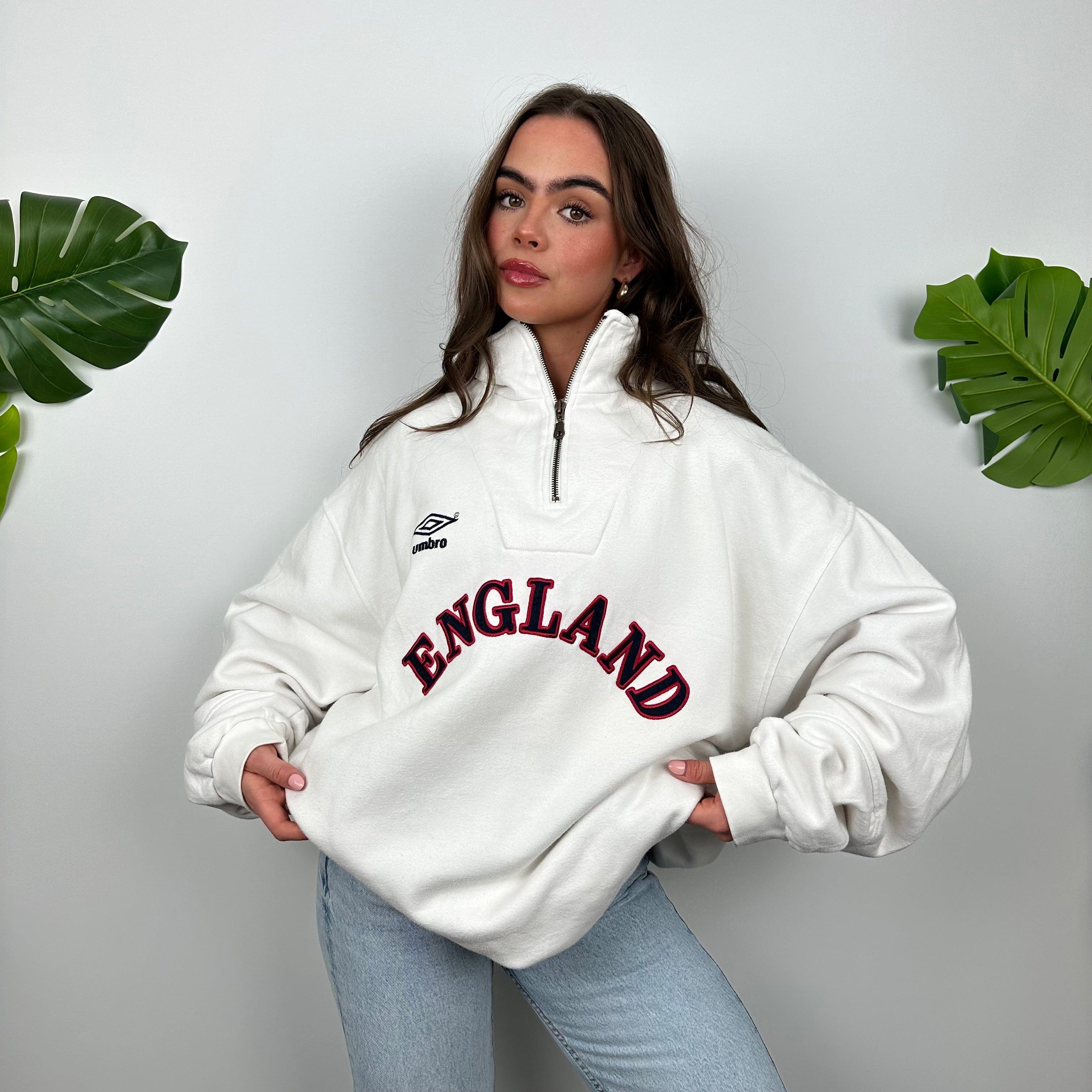 Umbro X England White Embroidered Spell Out Quarter Zip Sweatshirt (XL)