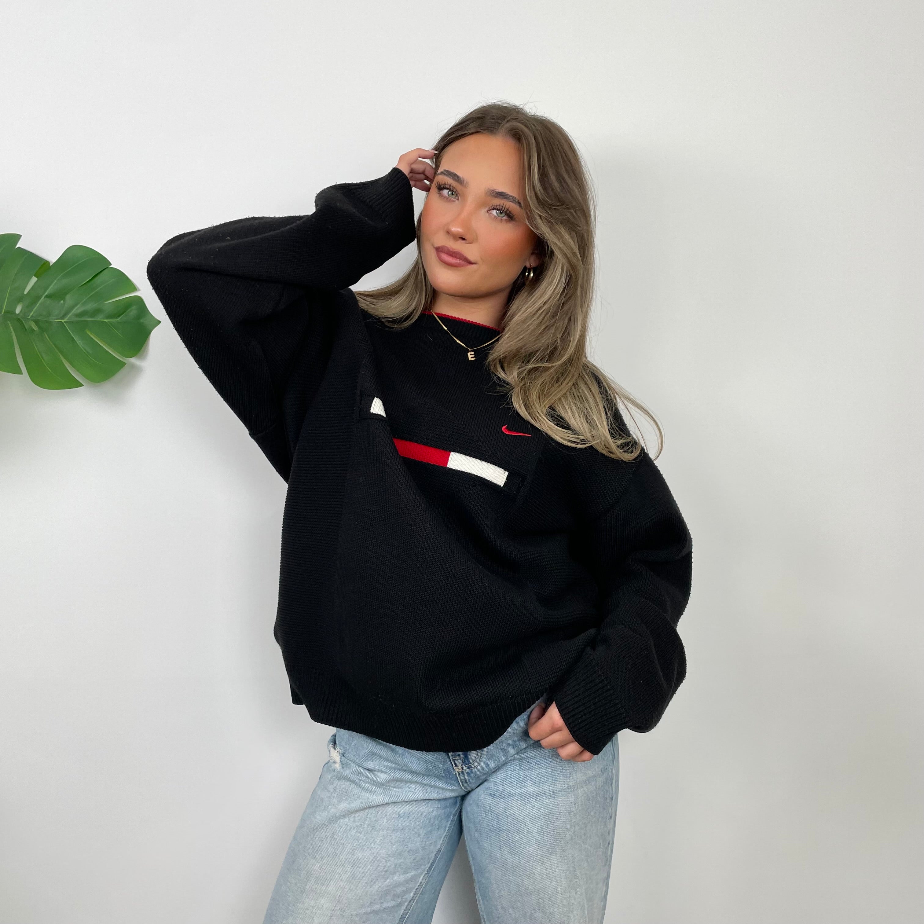 Nike RARE Black Embroidered Swoosh Knitted Sweater (L)