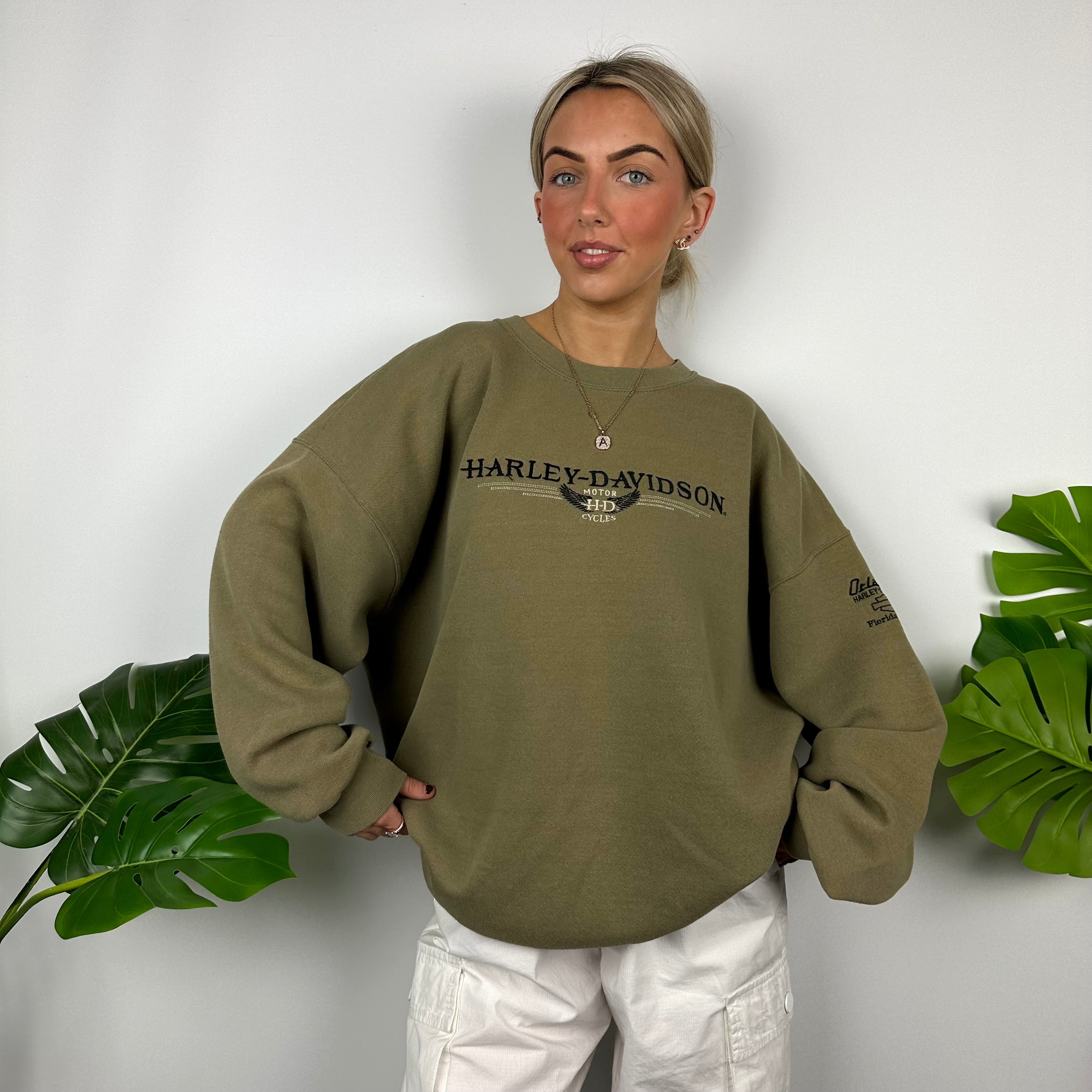 Harley Davidson Khaki Green Embroidered Spell Out Sweatshirt (XL)