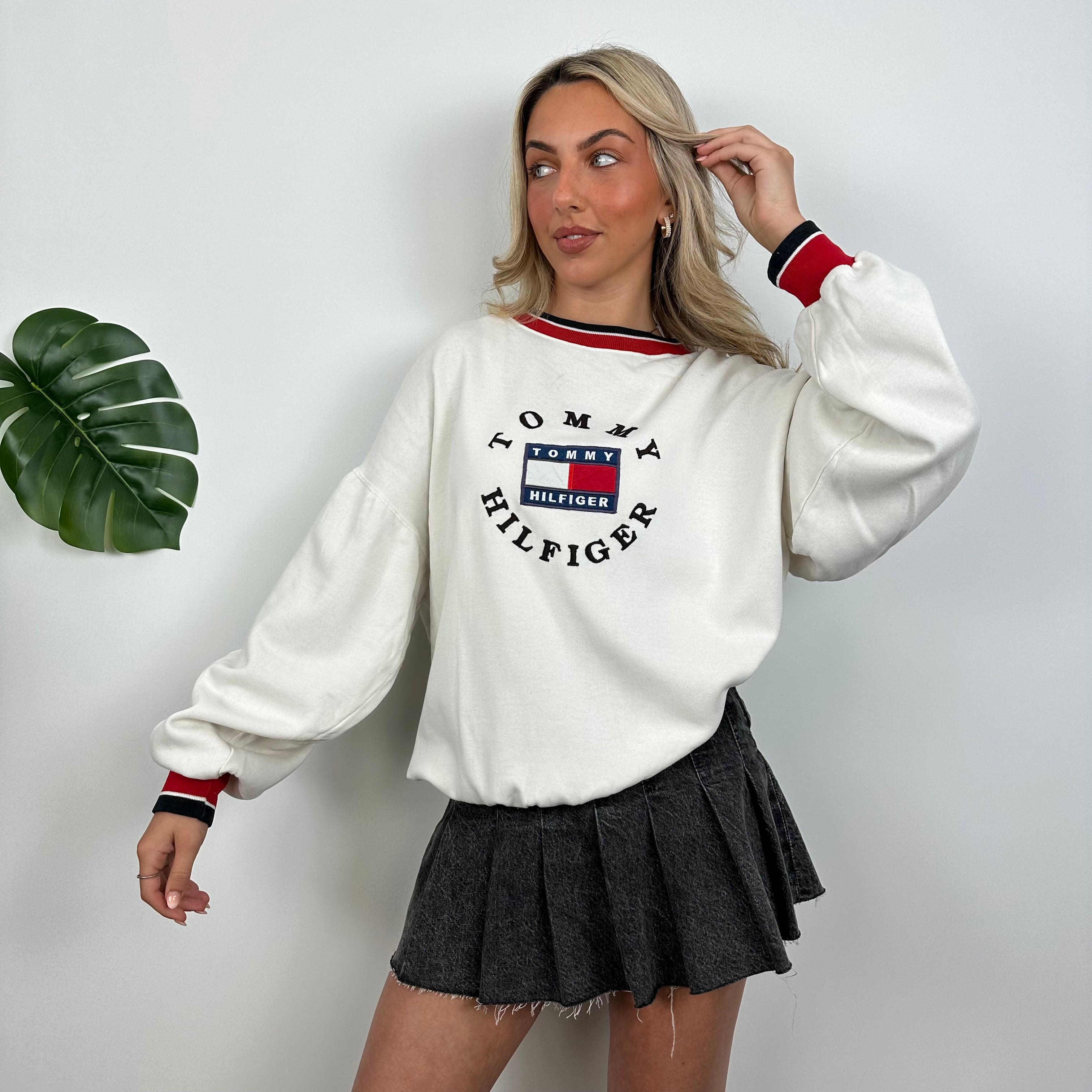 Tommy Hilfiger RARE White Embroidered Spell Out Sweatshirt (M)