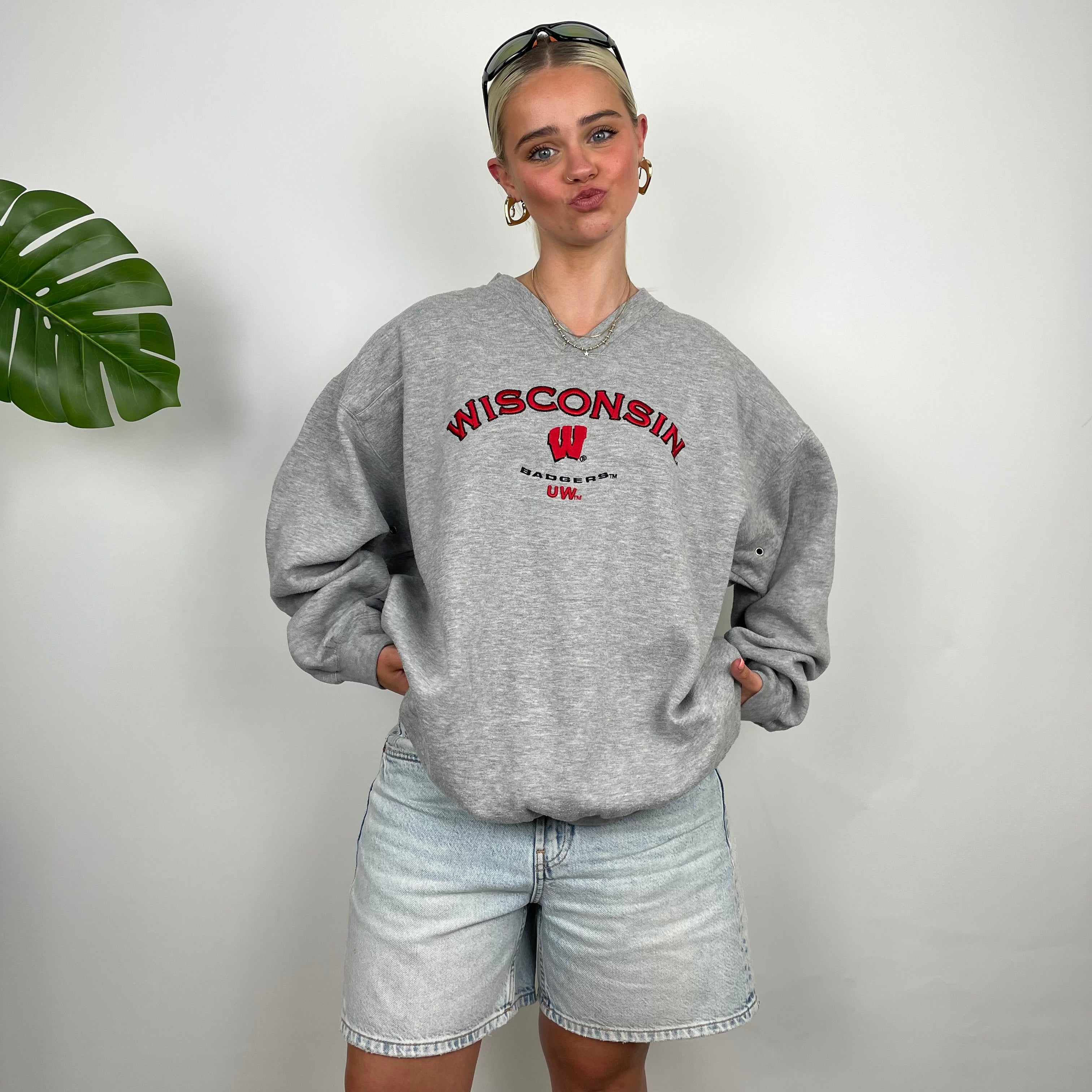 Wisconsin Badgers USA College Grey Embroidered Spell Out Sweatshirt (M)