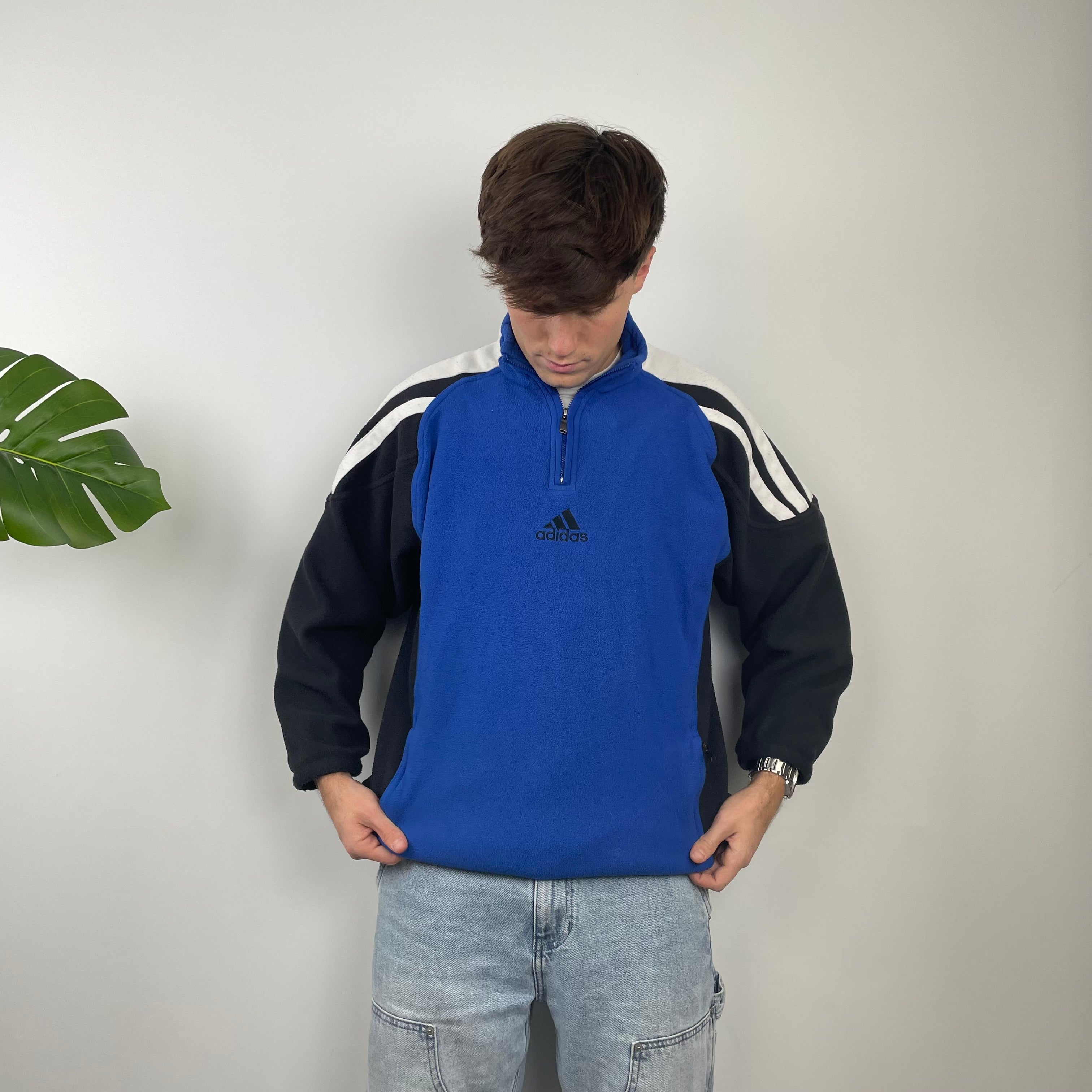 Adidas Blue Colour Block Embroidered Spell Out Teddy Bear Fleece Quarter Zip Sweatshirt (L)