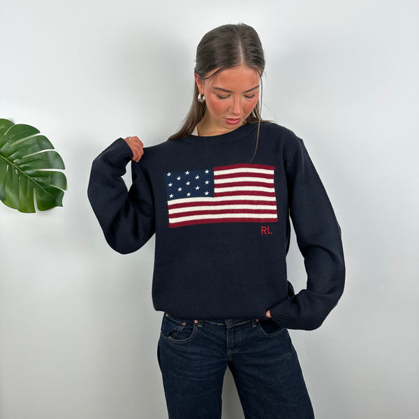 Polo Ralph Lauren Navy Embroidered Spell Out Knitted Sweater (M)