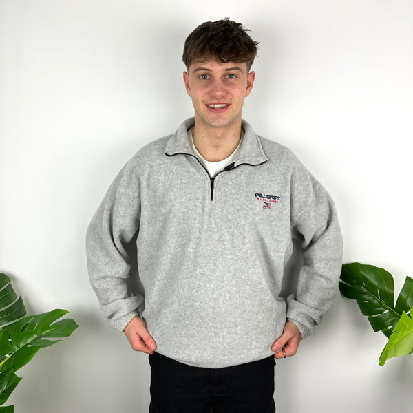 Polo Sport Grey Embroidered Spell Out Teddy Bear Fleece Quarter Zip Sweatshirt (XL)
