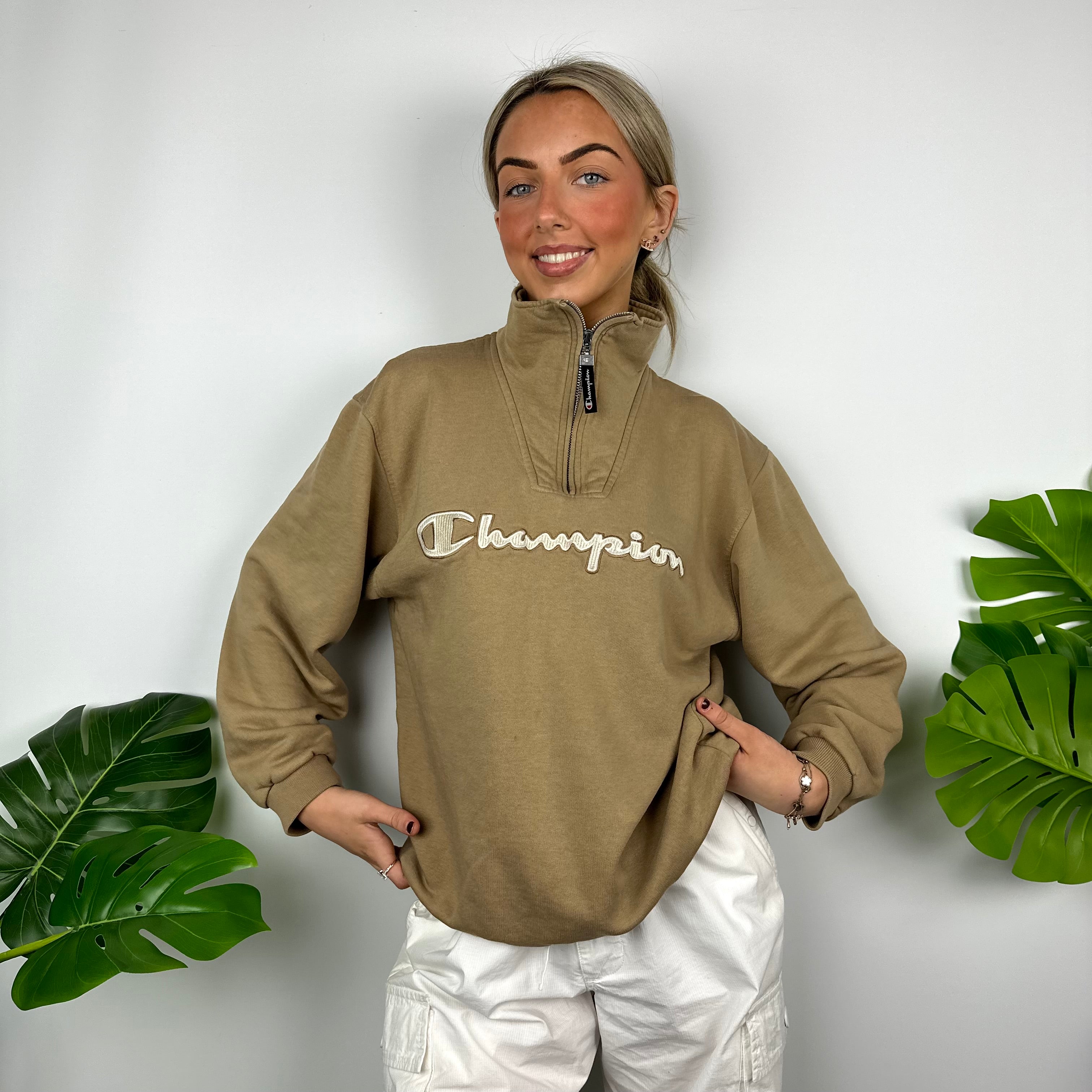 Champion Tan Embroidered Spell Out Quarter Zip Sweatshirt (M)