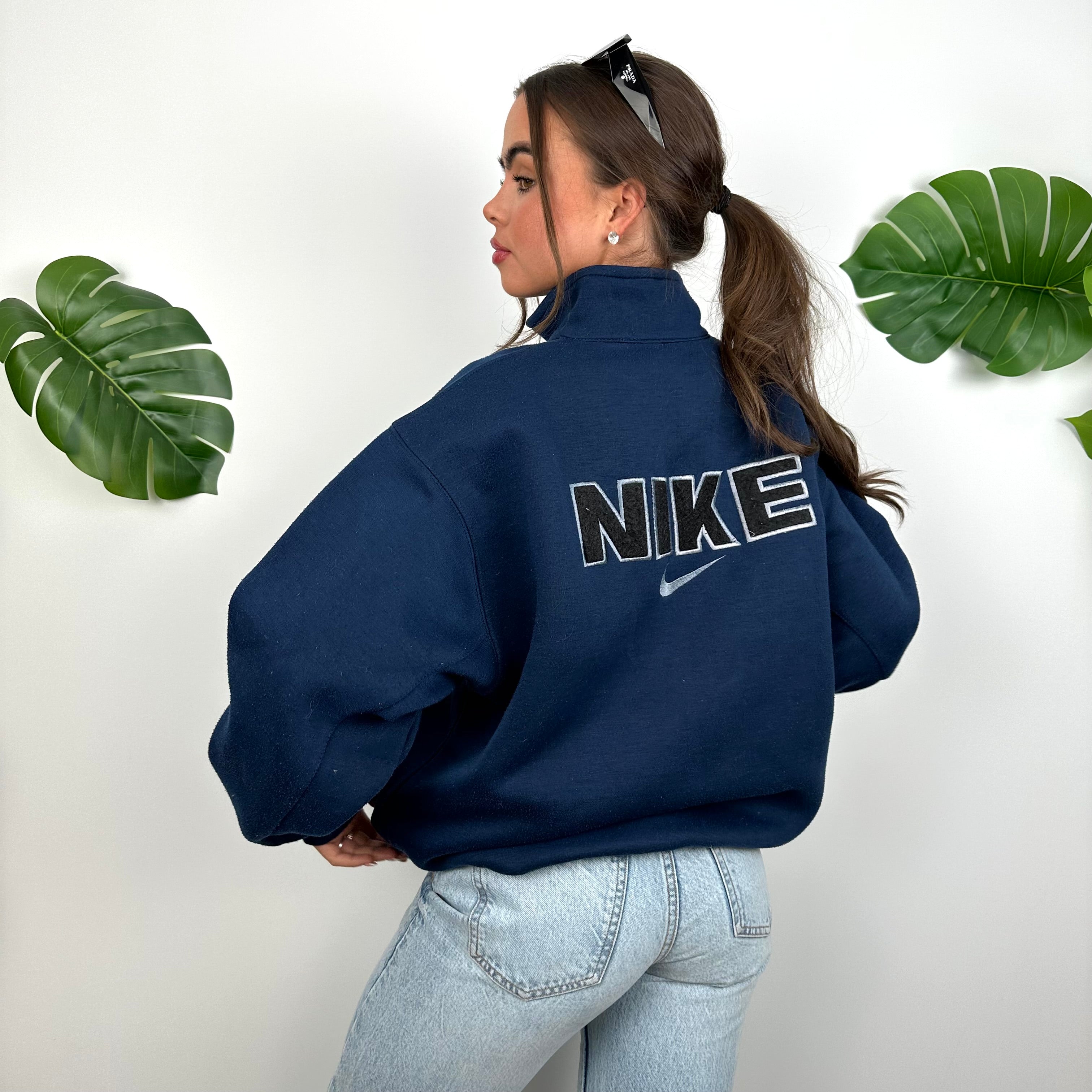 Nike Navy Embroidered Spell Out Quarter Zip Sweatshirt (L)