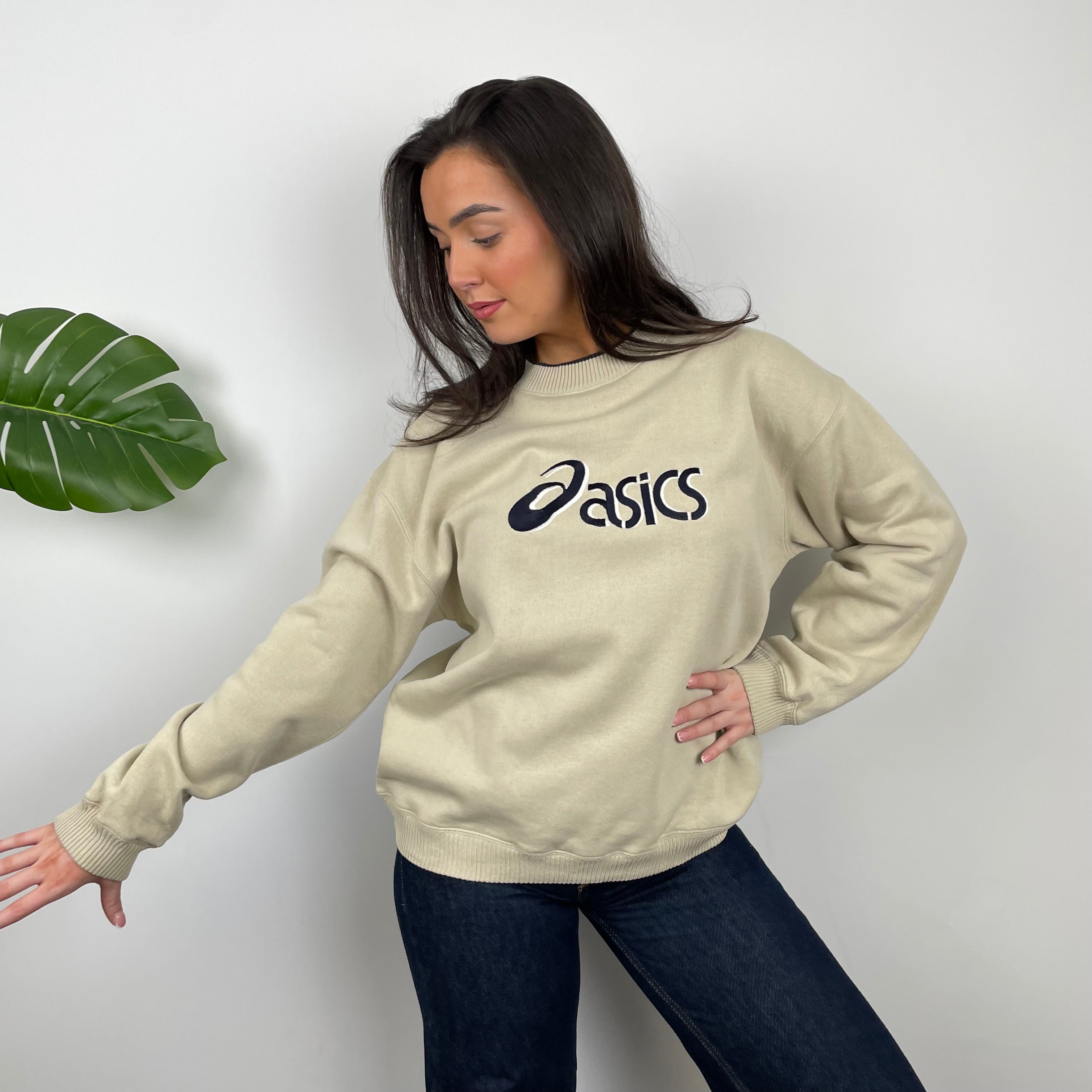 ASICS Tan Beige Embroidered Spell Out Sweatshirt (M)