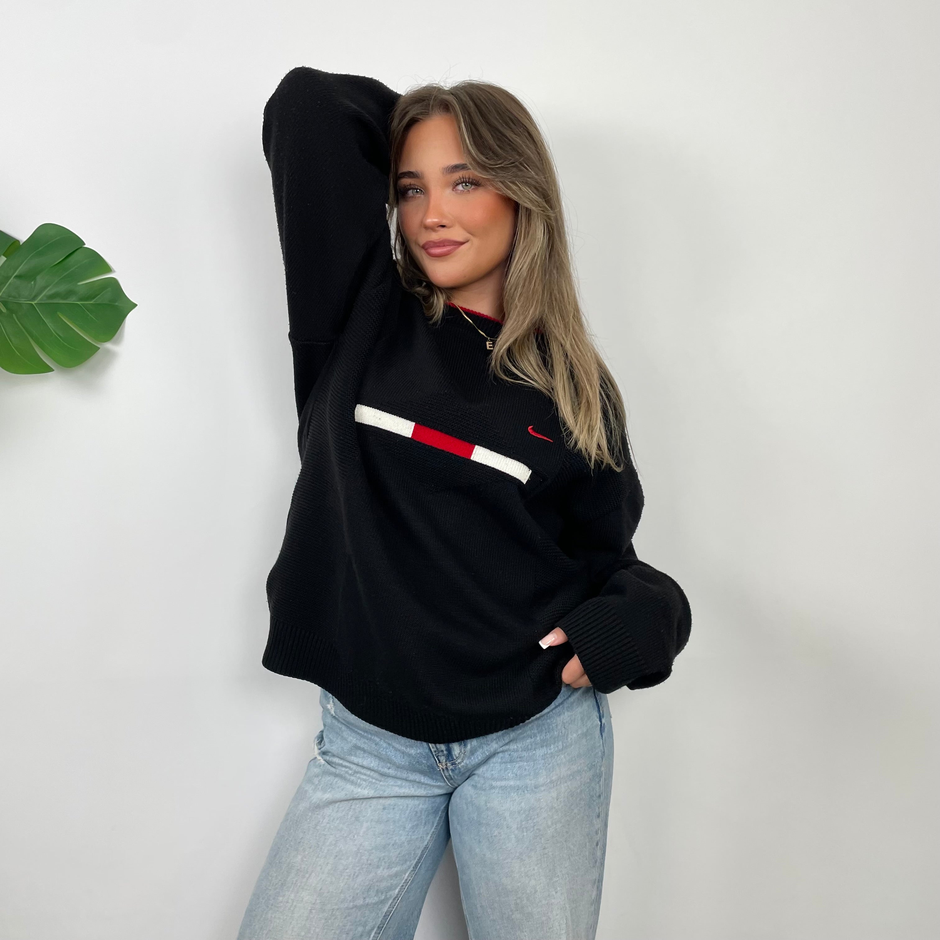Nike RARE Black Embroidered Swoosh Knitted Sweater (L)