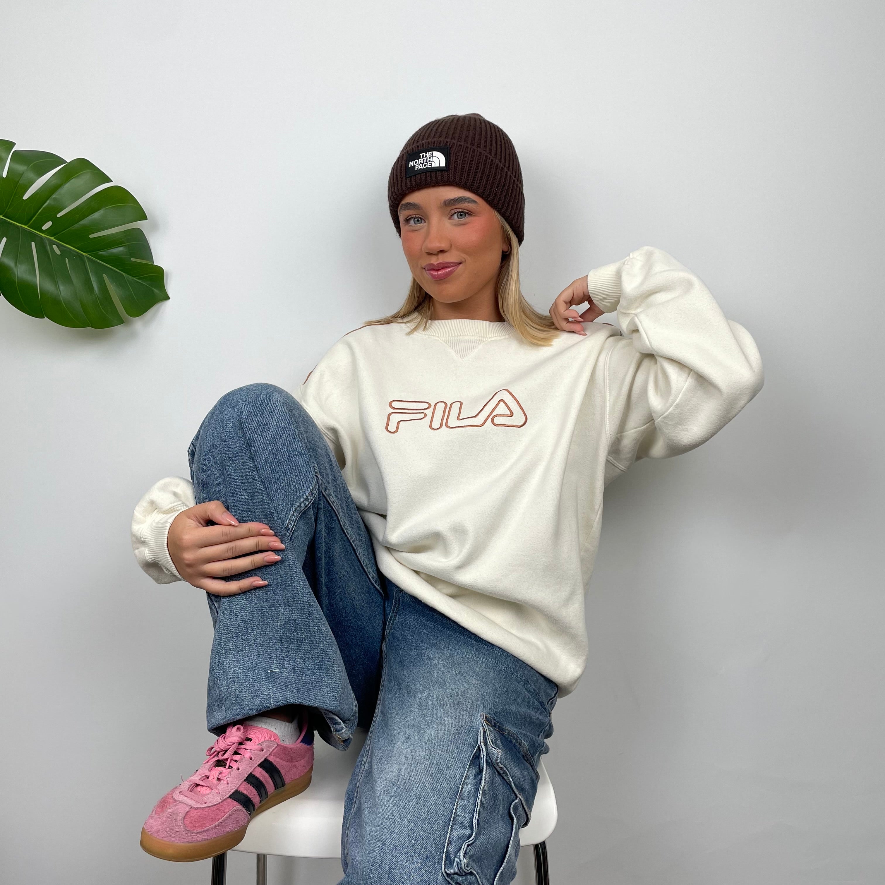 FILA Cream Embroidered Spell Out Sweatshirt (L)