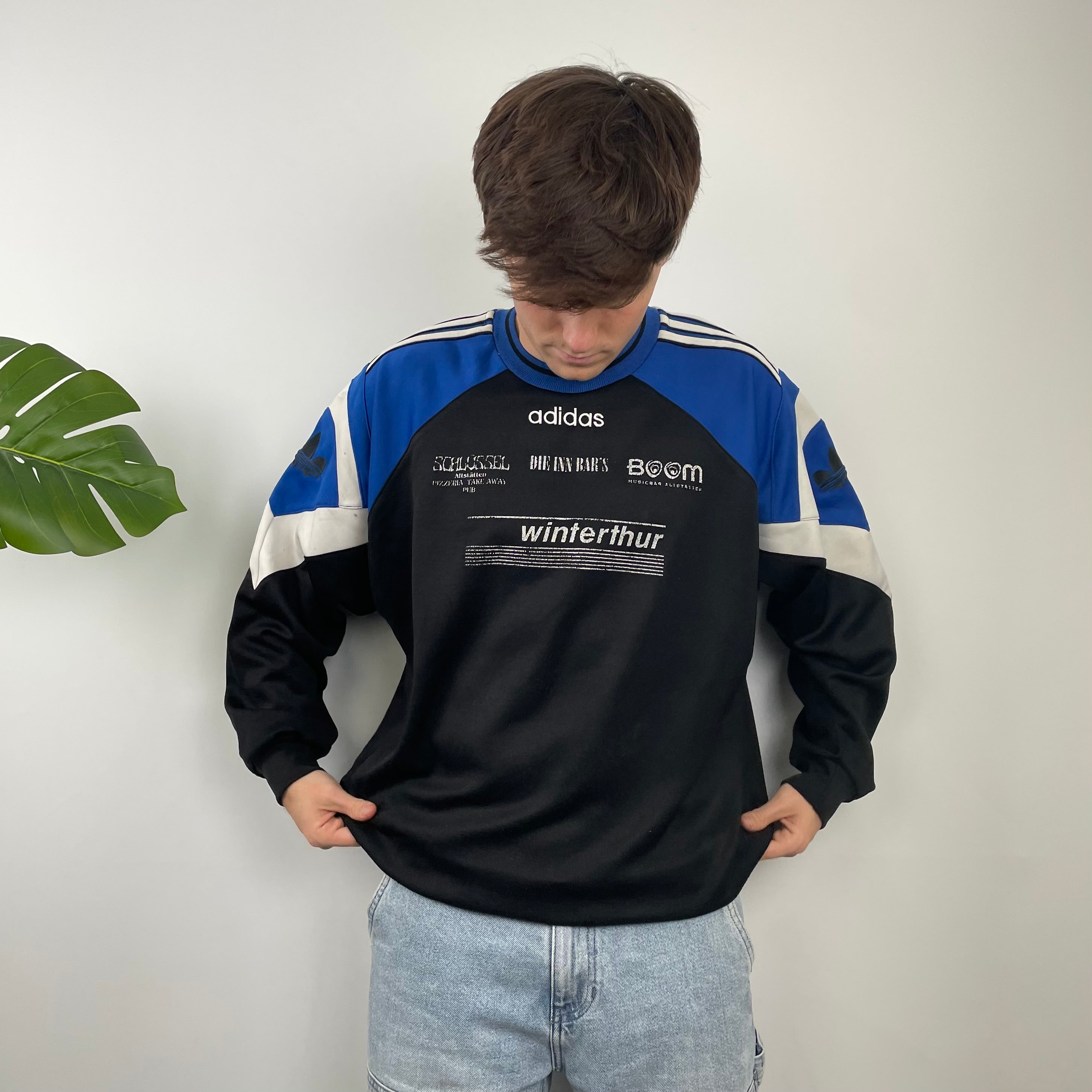 Adidas Black & Blue Embroidered Spell Out Colour Block Sweatshirt