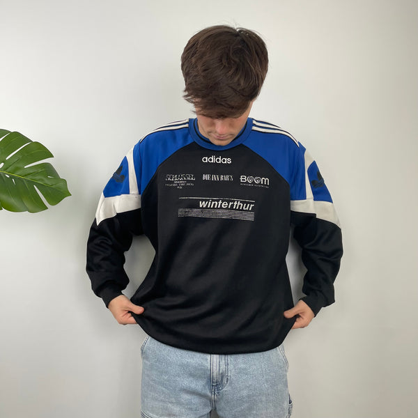 Adidas Black & Blue Embroidered Spell Out Colour Block Sweatshirt