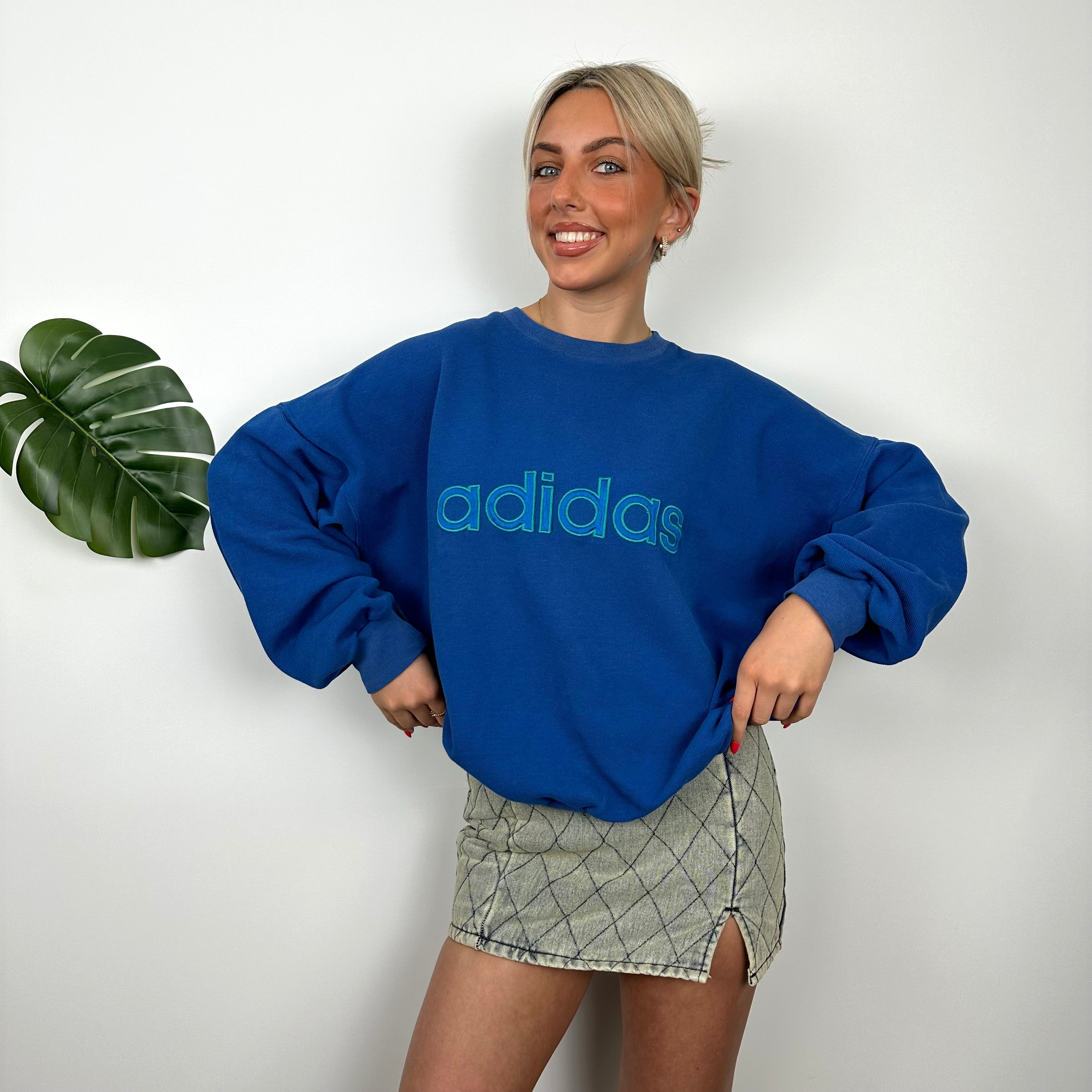 Adidas Blue Embroidered Spell Out Sweatshirt (M)