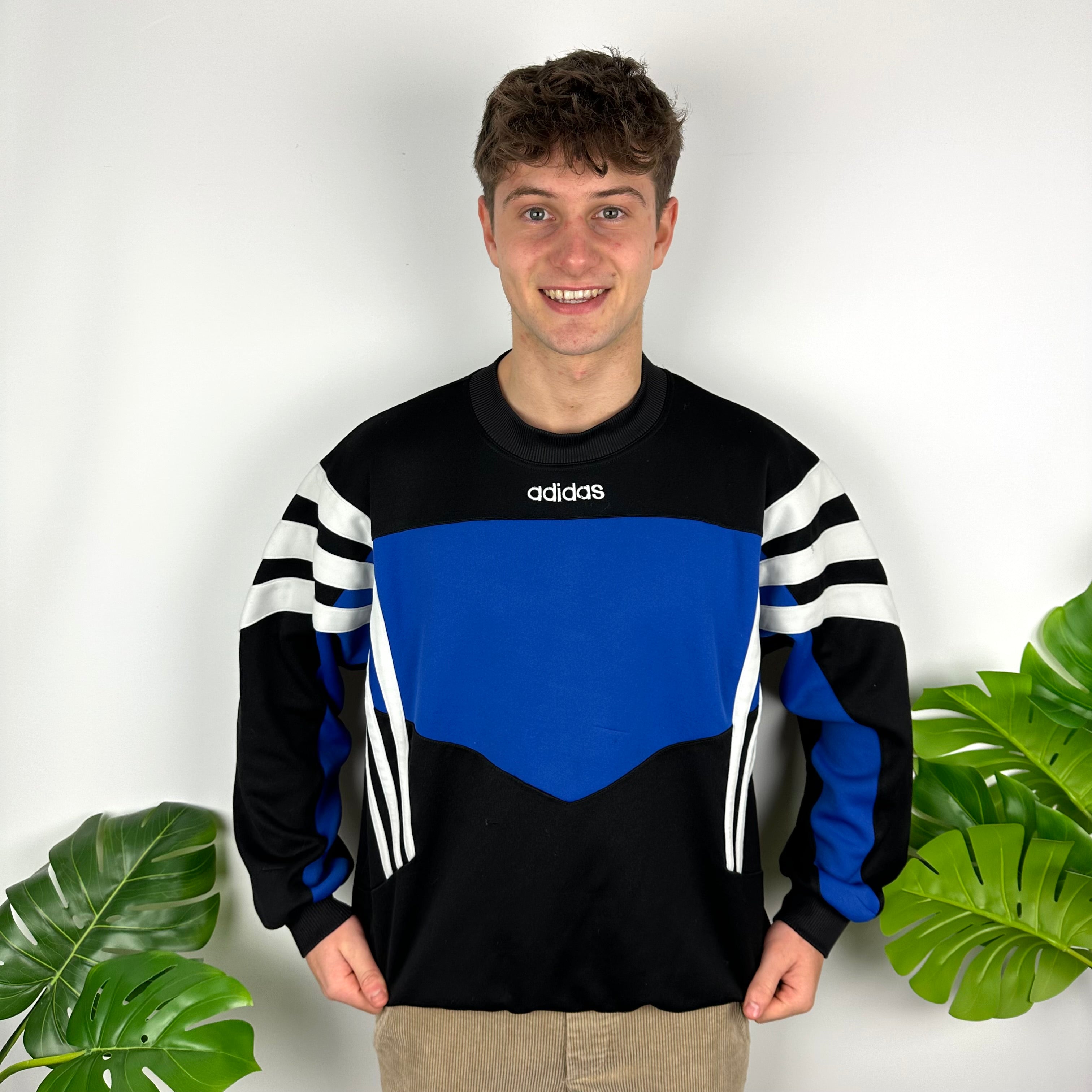 Adidas Black & Blue Embroidered Spell Out Colour Block Sweatshirt (L)