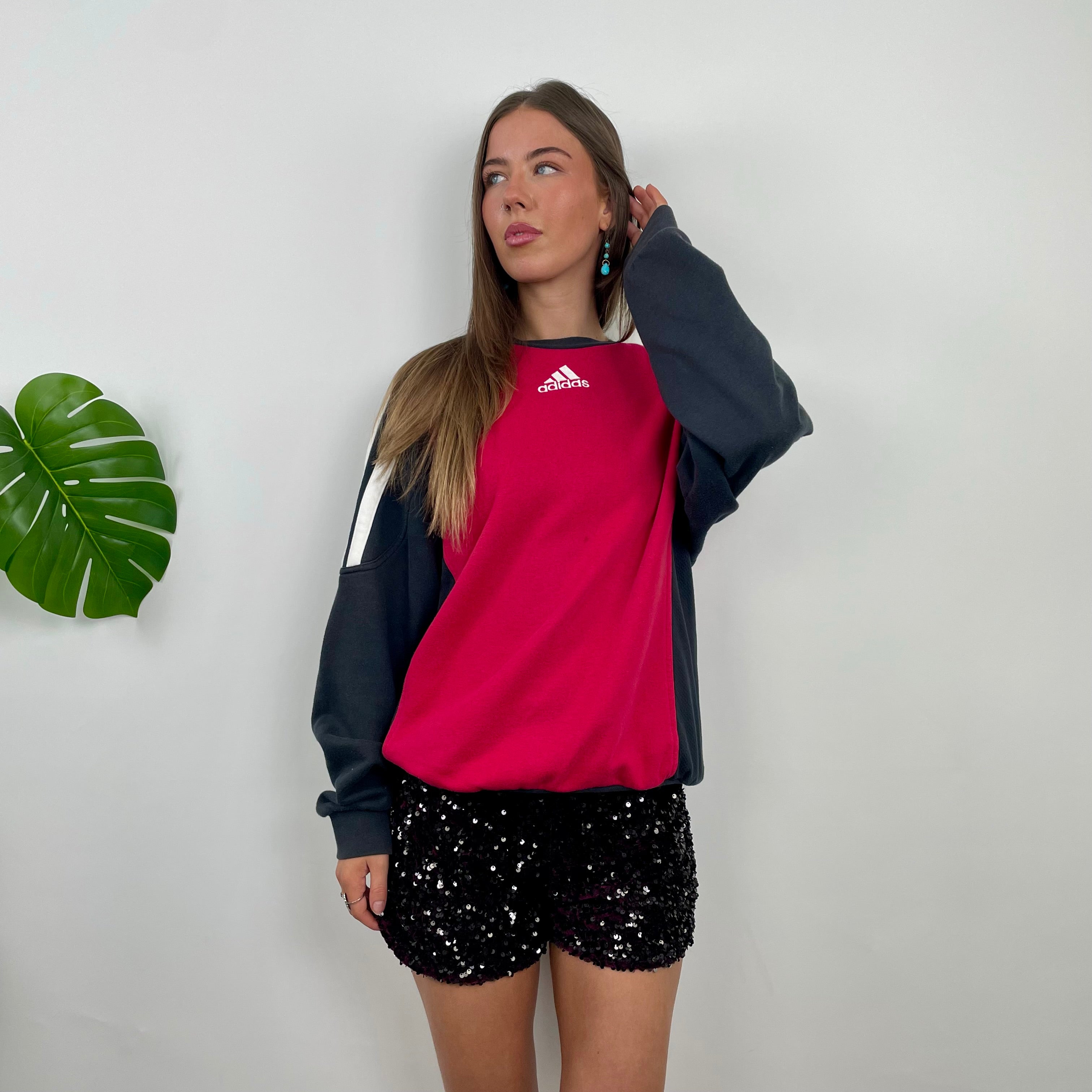 Adidas Red & Black Embroidered Spell Out Colour Block Sweatshirt (L)