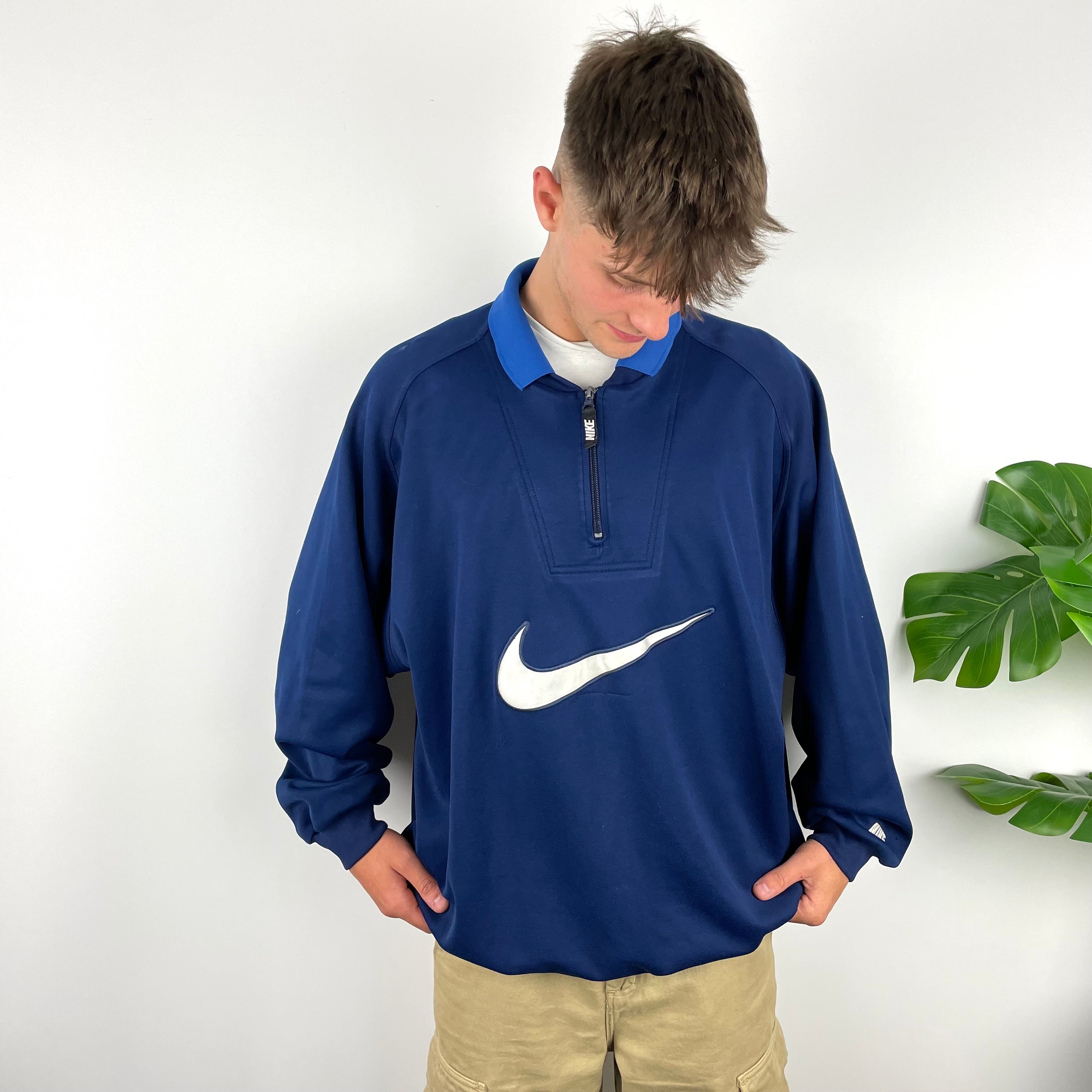 Nike RARE Navy Embroidered Spell Out Quarter Zip Sweatshirt (XXL)