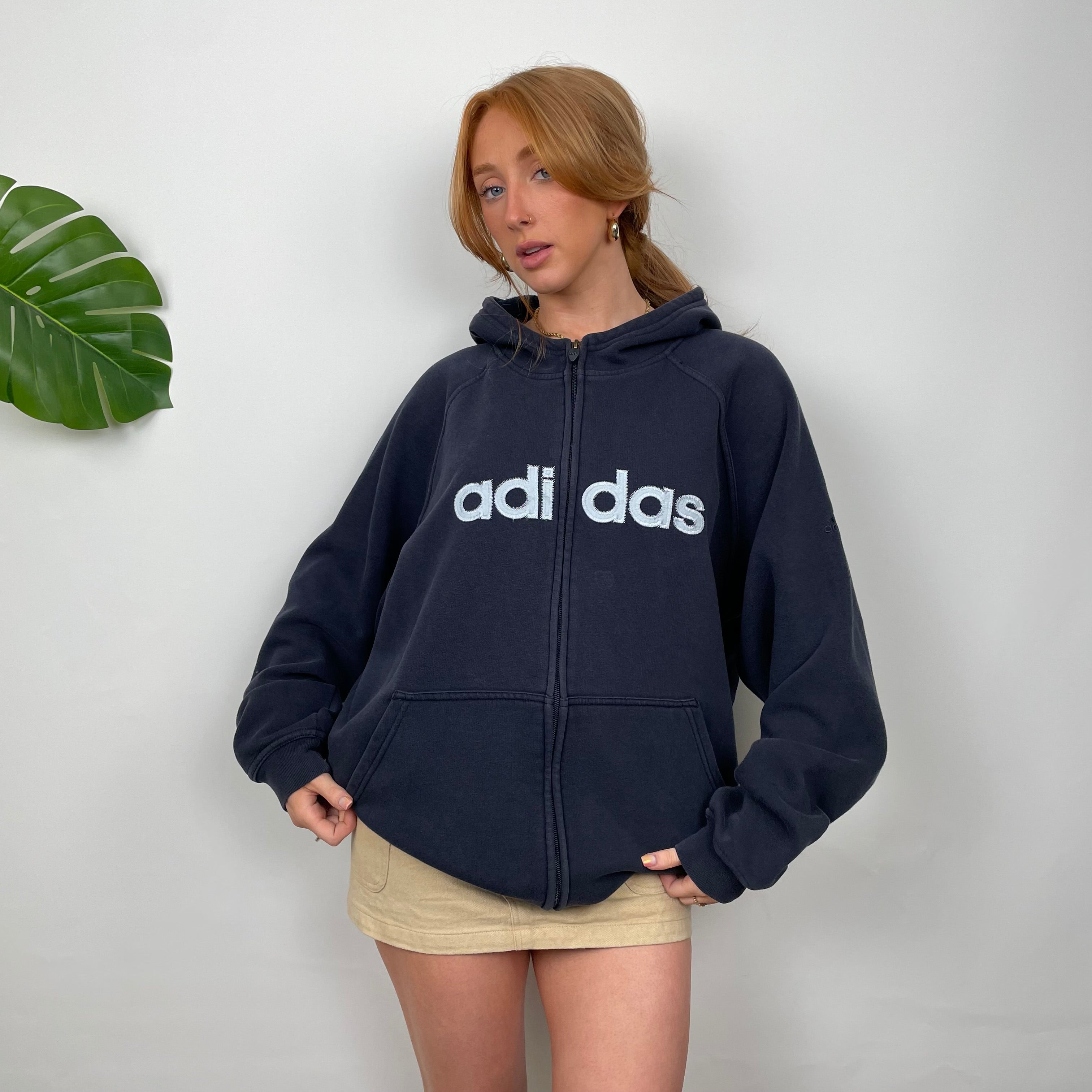 Adidas Navy Embroidered Spell Out Zip Up Hoodie Jacket (L)