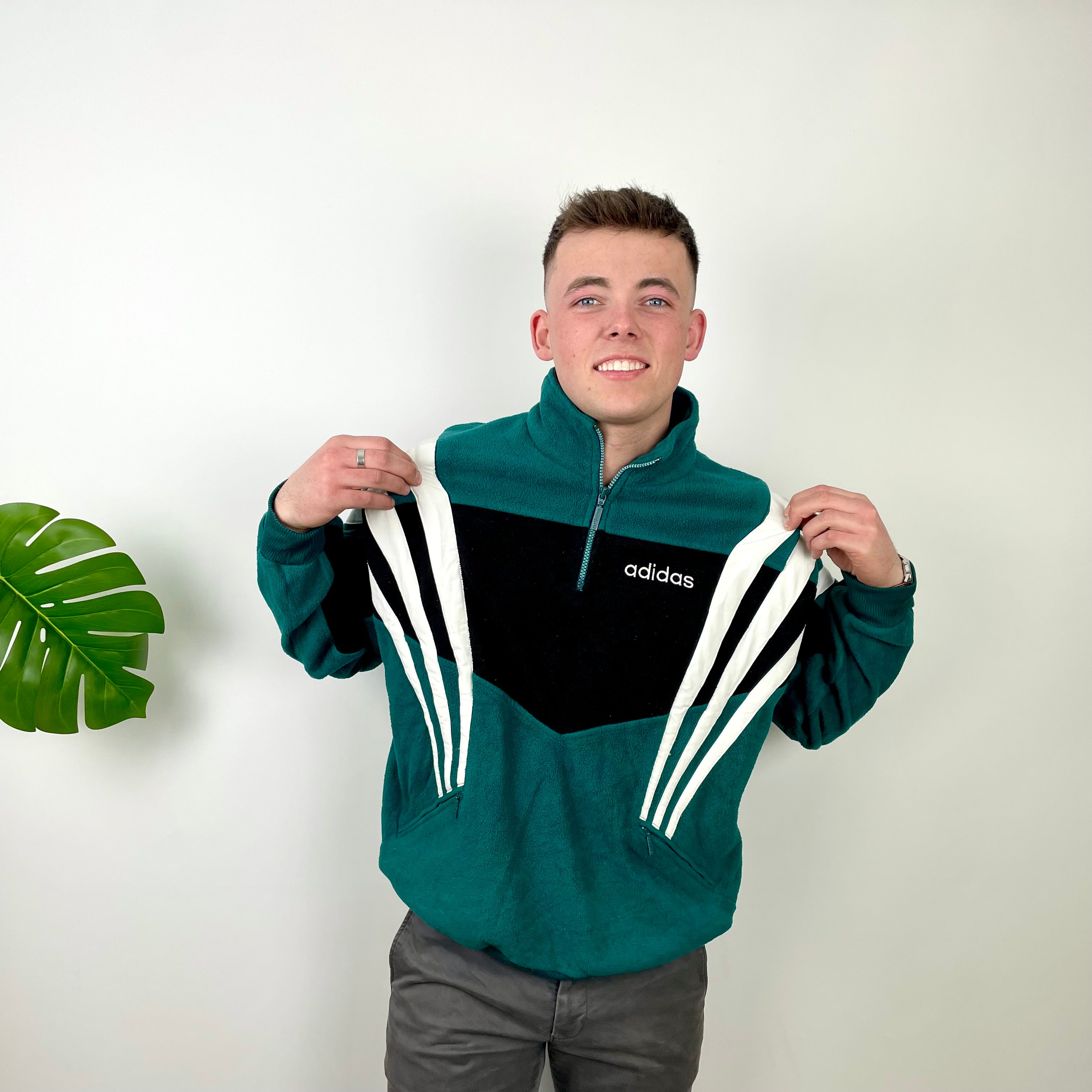 Adidas Green Embroidered Spell Out Fleece Quarter Zip Sweatshirt (L)