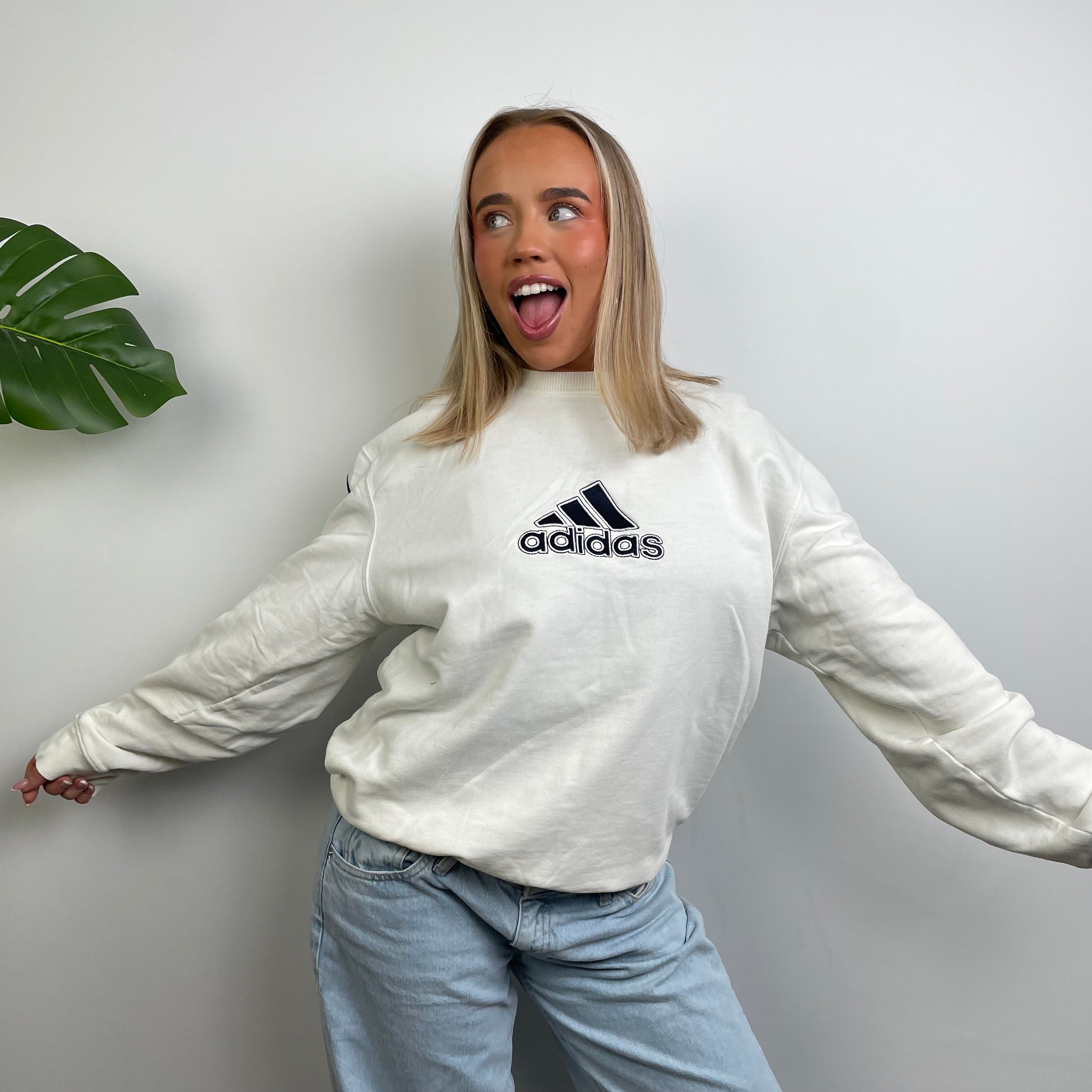 Adidas White Embroidered Spell Out Sweatshirt (L)