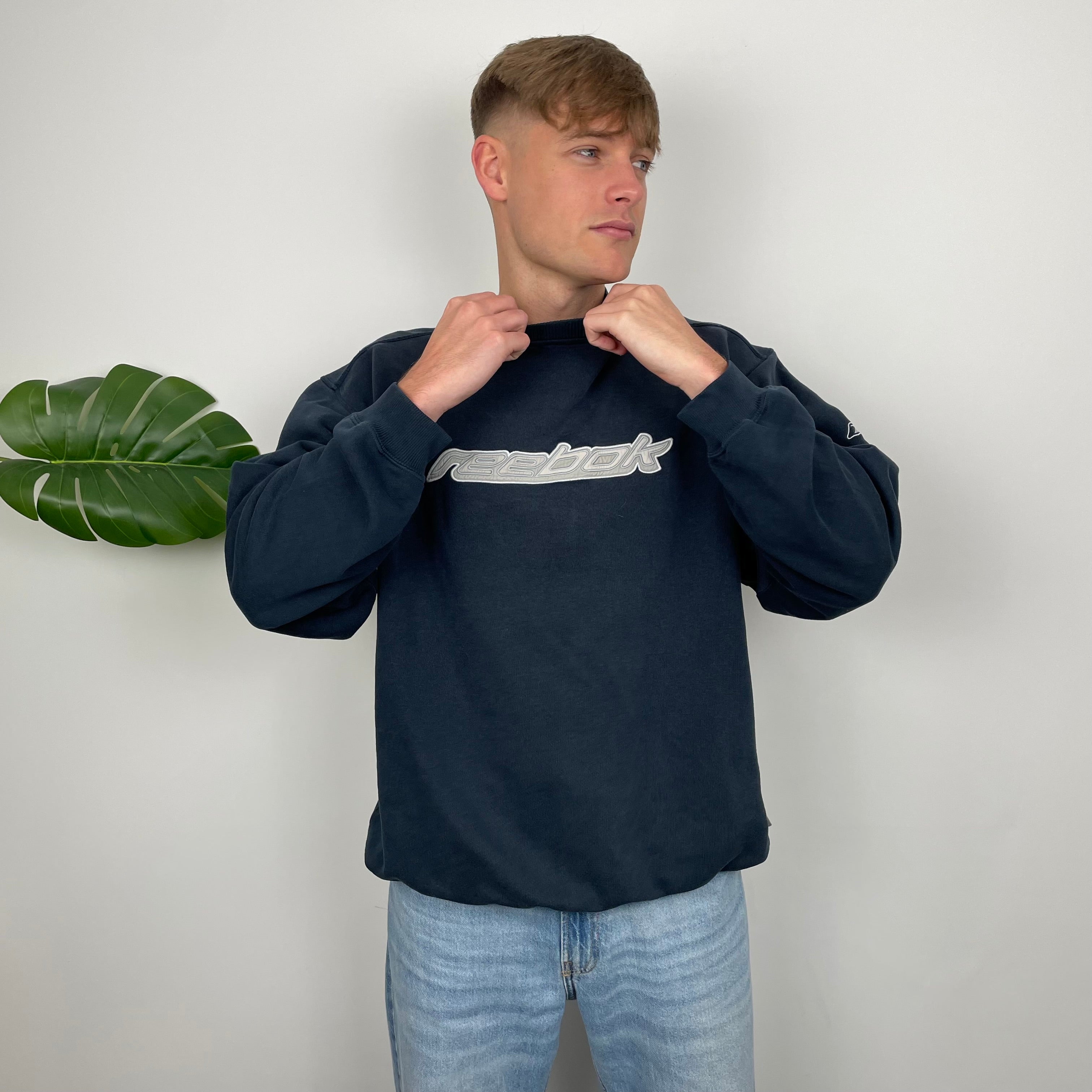 Reebok Navy Embroidered Spell Out Sweatshirt (L)