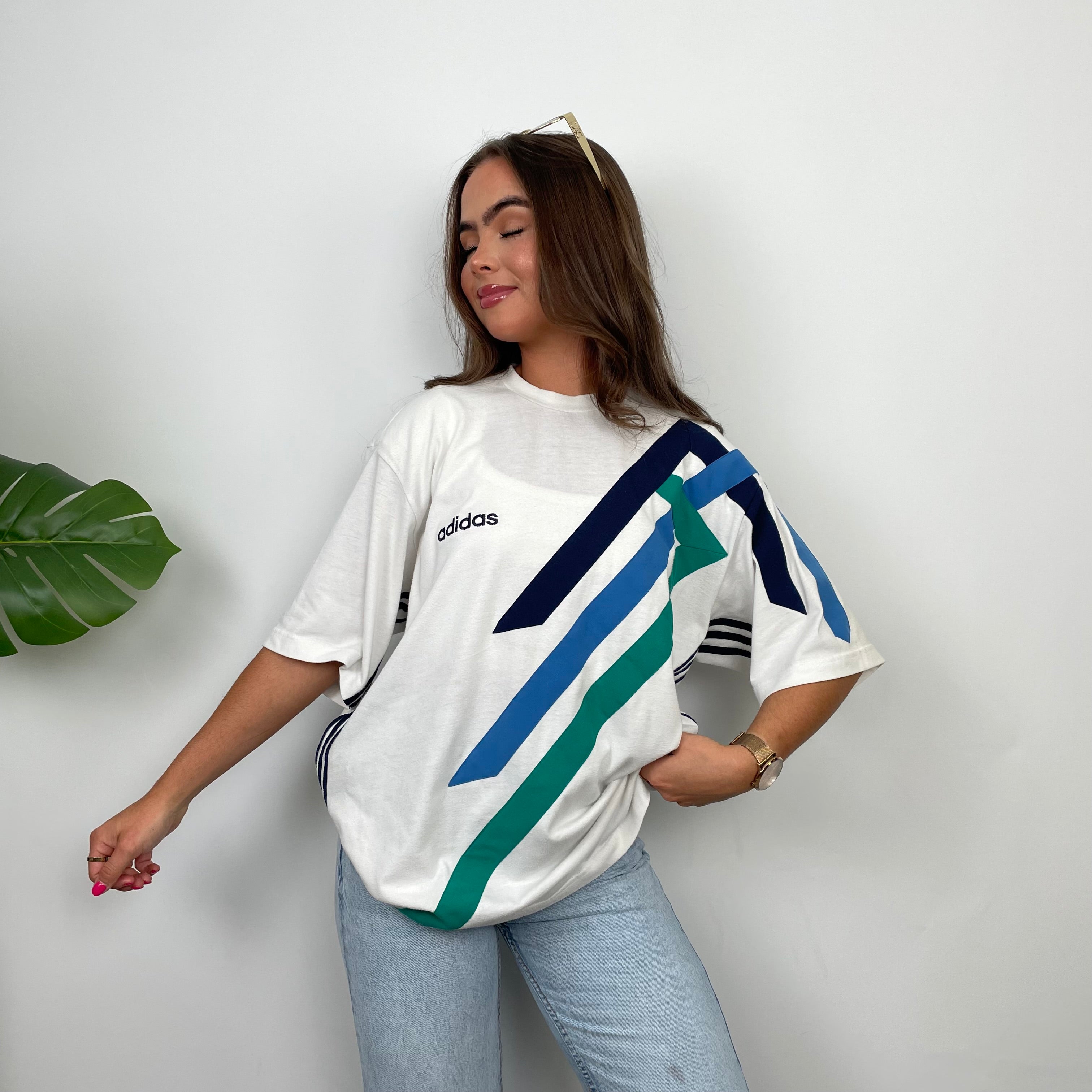 Adidas White Embroidered Spell Out Colour Block T Shirt (XL)