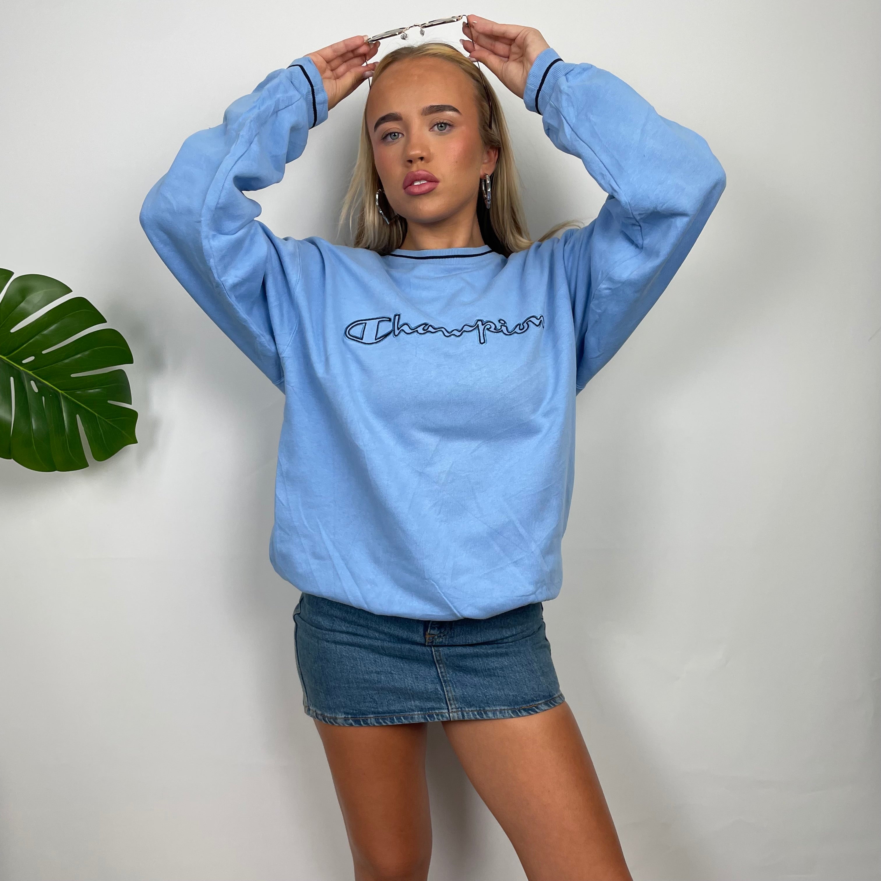 Champion Baby Blue Embroidered Spell Out Sweatshirt (M)