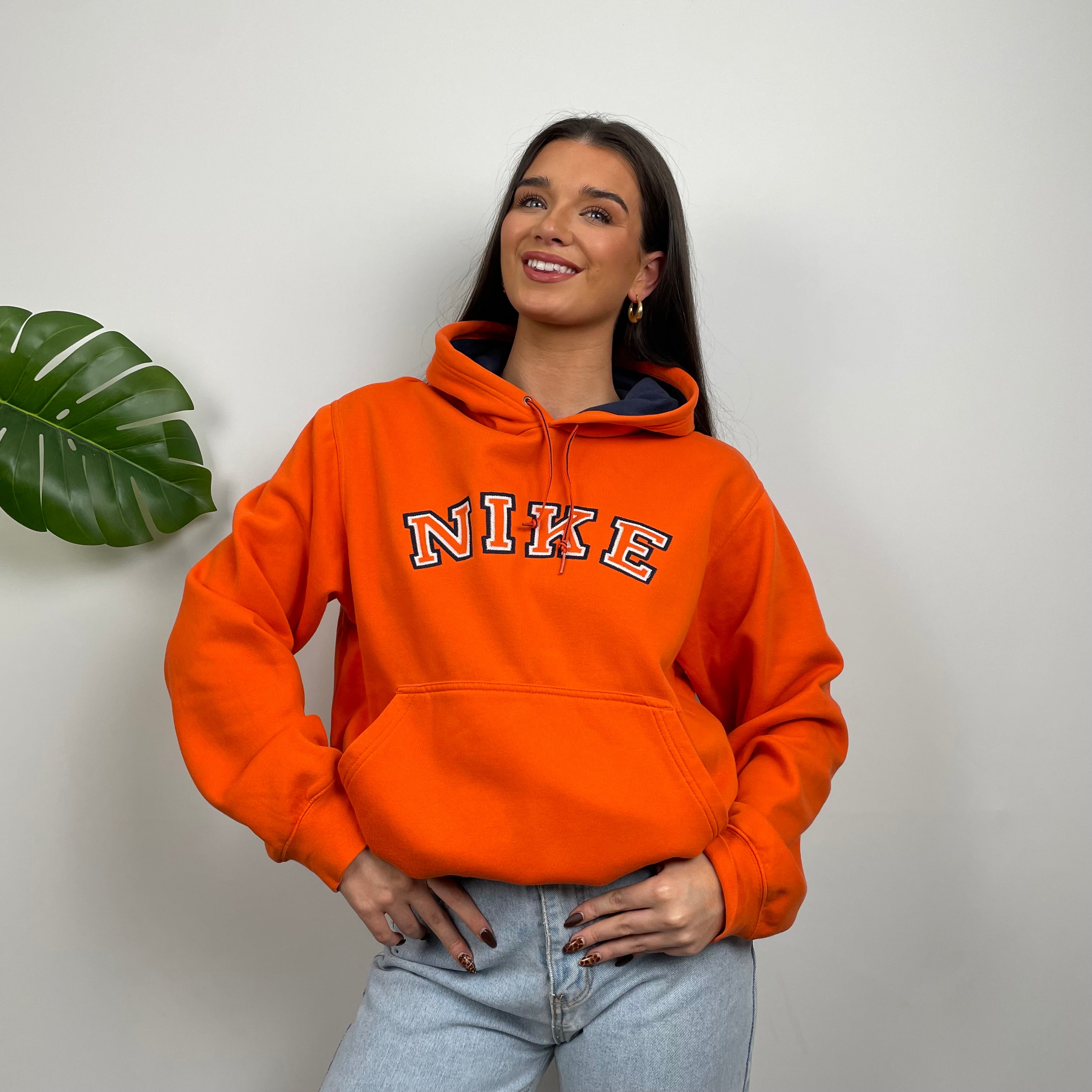 Nike RARE Orange Embroidered Spell Out Hoodie M Jamie Online Vintage